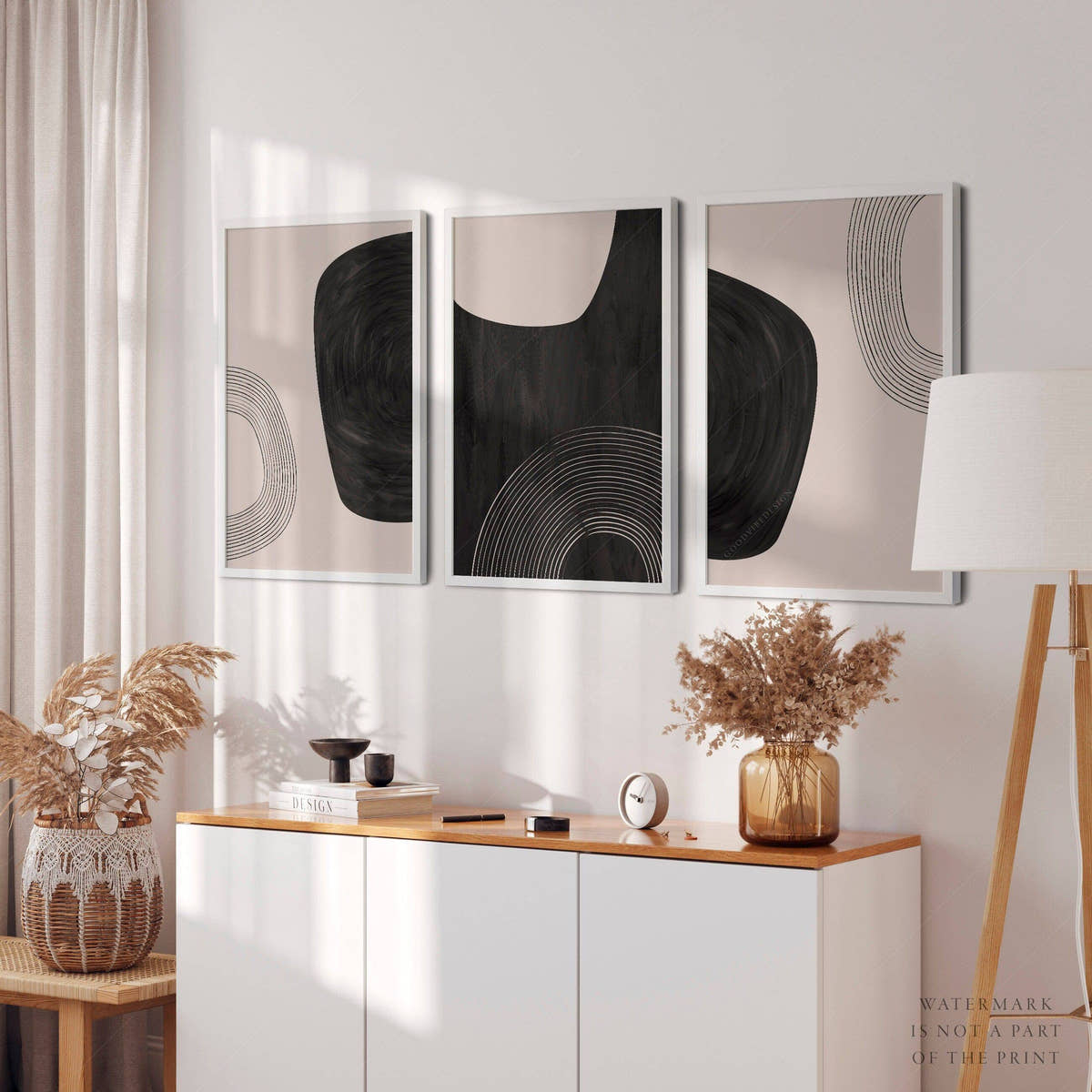 Mid-Century Modern Prints, Elegant wall decor, Set of 3 prints in black and beige color
