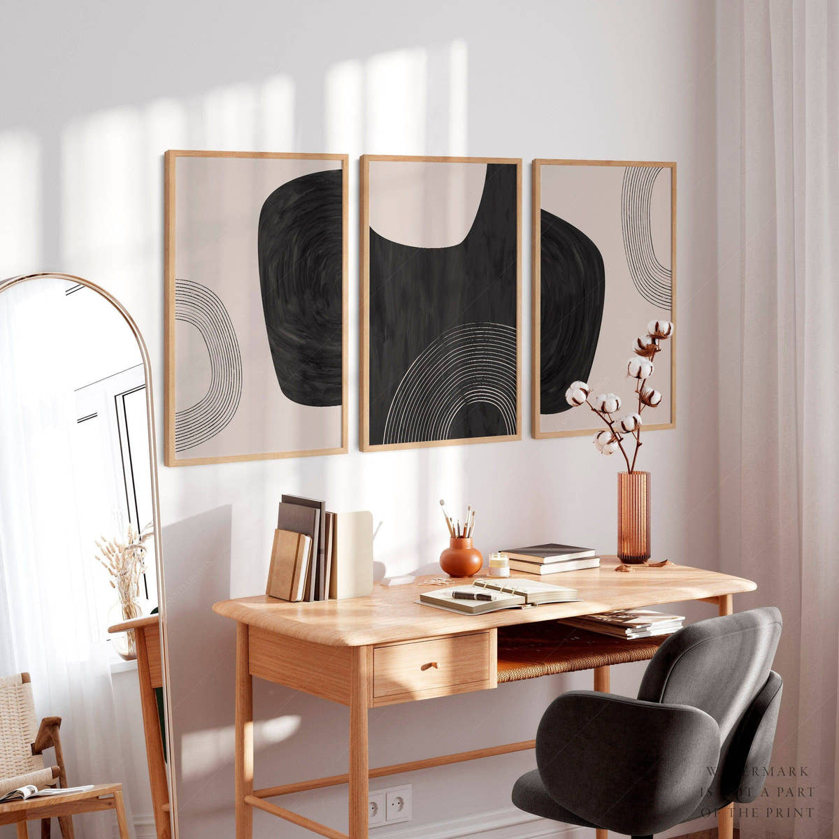 Mid-Century Modern Prints, Elegant wall decor, Set of 3 prints in black and beige color