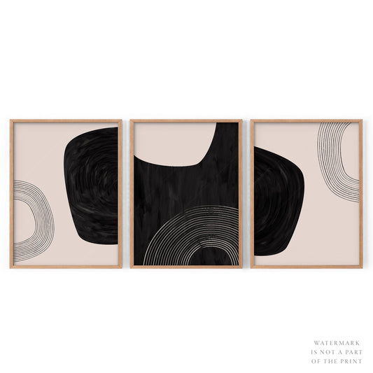 Mid-Century Modern Prints, Elegant wall decor, Set of 3 prints in black and beige color