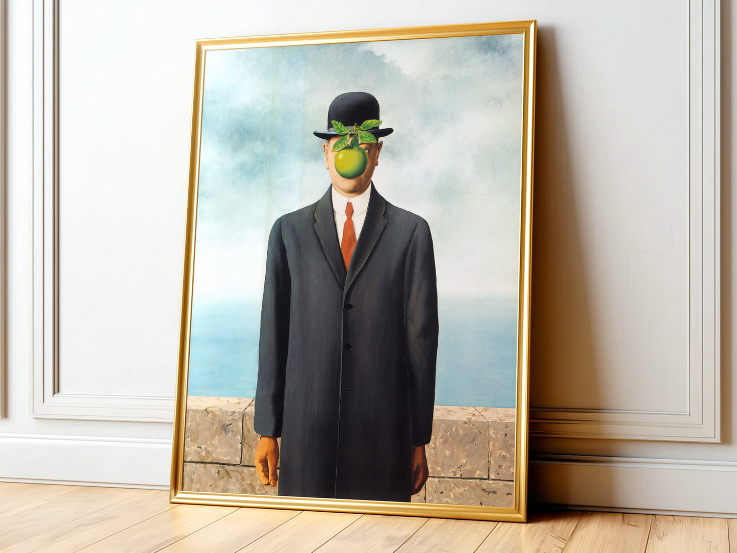 René Magritte The Son of Man surrealist art print featuring a man in bowler hat with green apple covering his face.