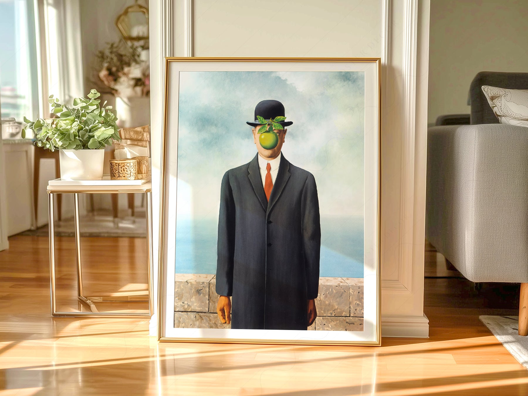 René Magritte art print styled in a Scandinavian bedroom