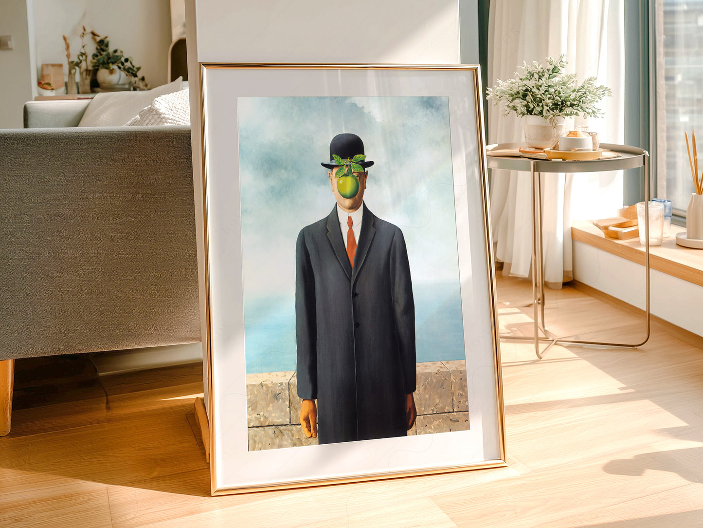 René Magritte The Son of Man in a light-filled Japandi-inspired living space