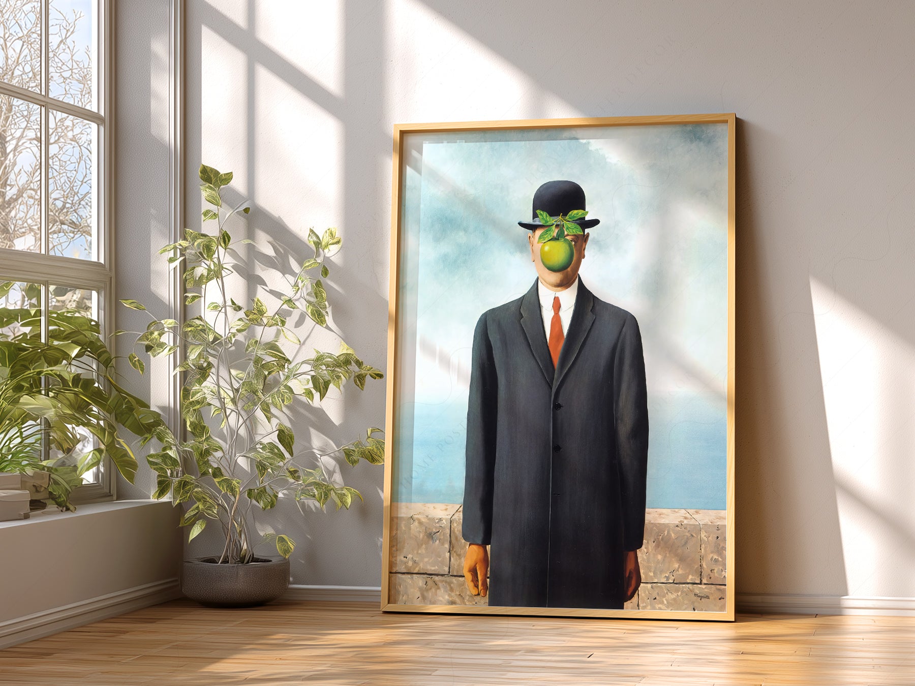 René Magritte wall art in a cozy home study or reading room