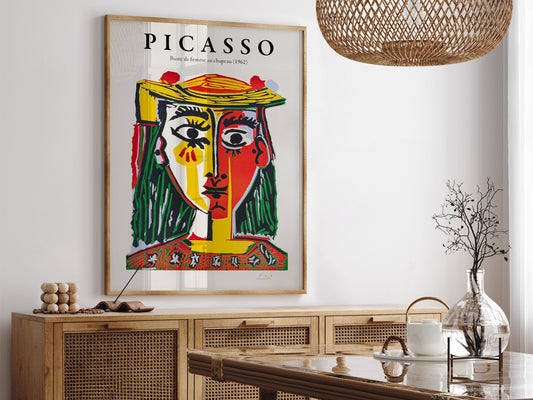 Pablo Picasso Buste de Femme au Chapeau wall art print displayed in a bright modern living room