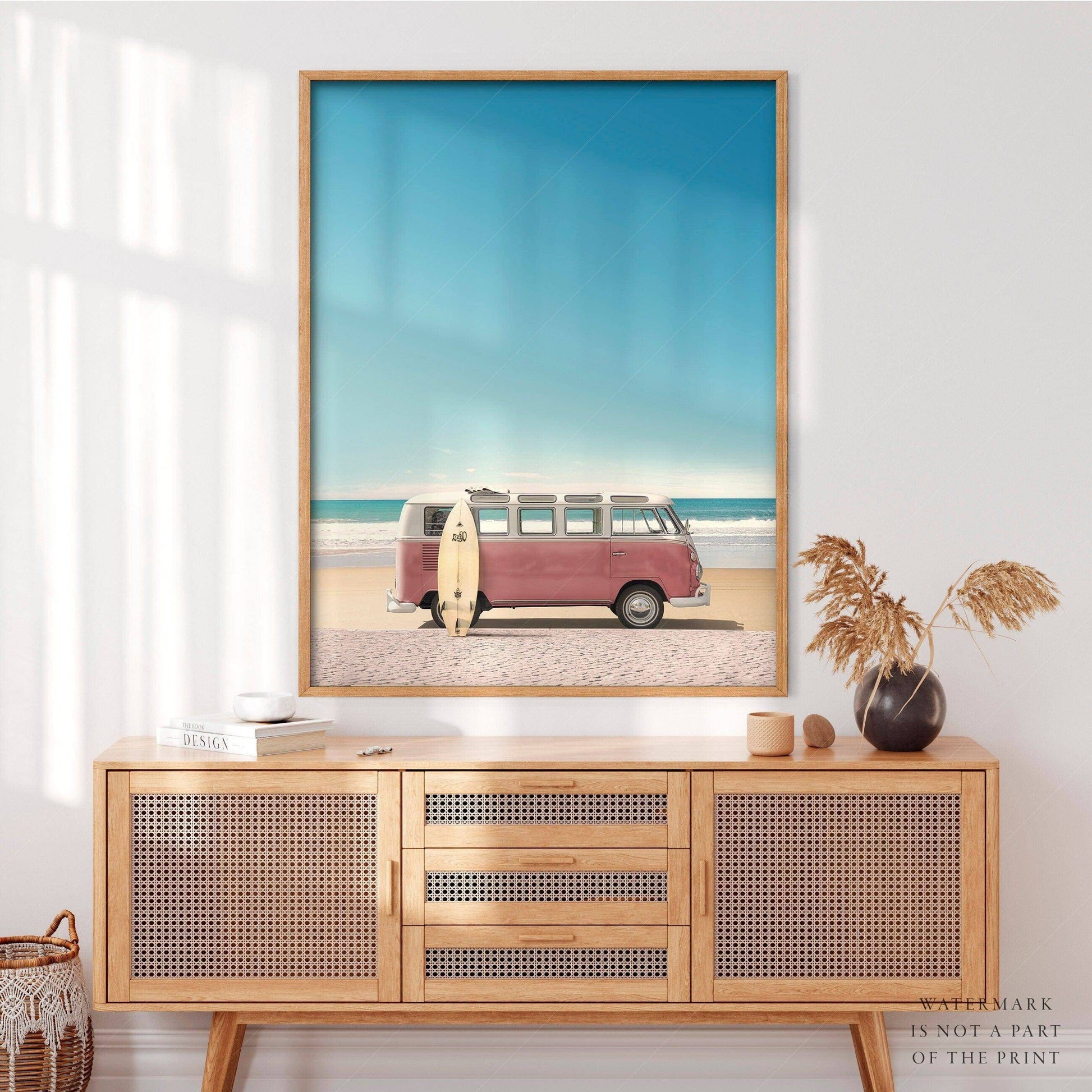 Pink Kombi Van, Surfboard Print, Beach Wall Decor, Retro Poster