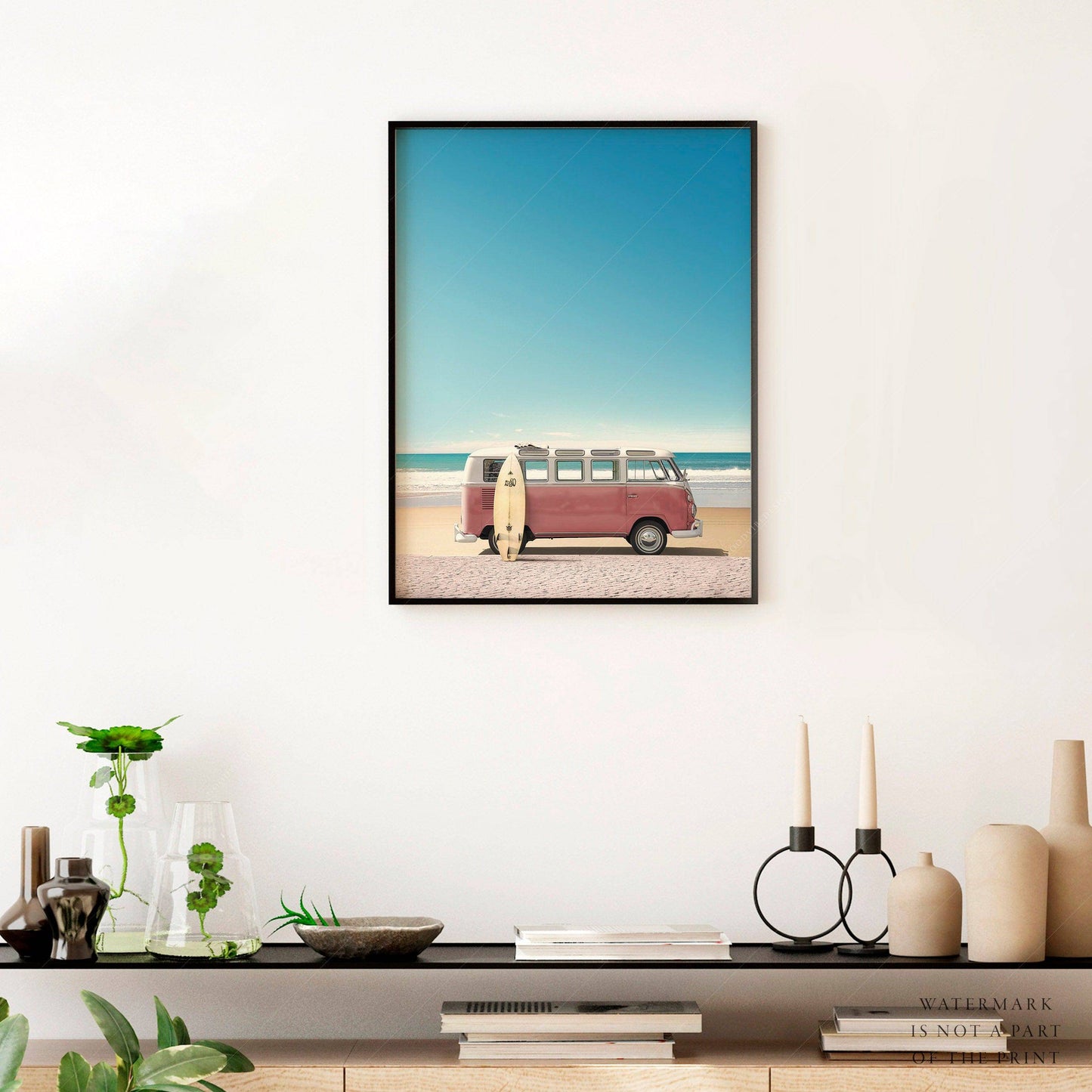 Pink Kombi Van, Surfboard Print, Beach Wall Decor, Retro Poster