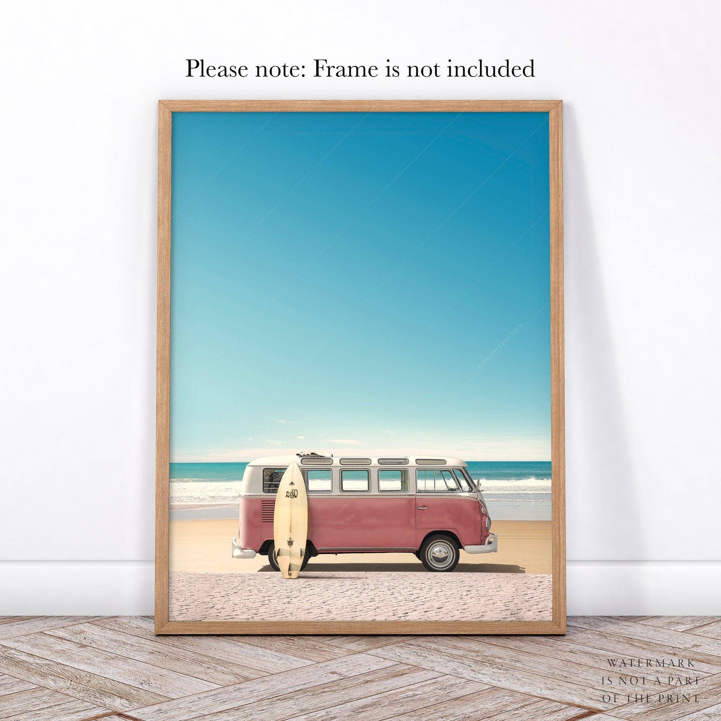 Pink Kombi Van, Surfboard Print, Beach Wall Decor, Retro Poster