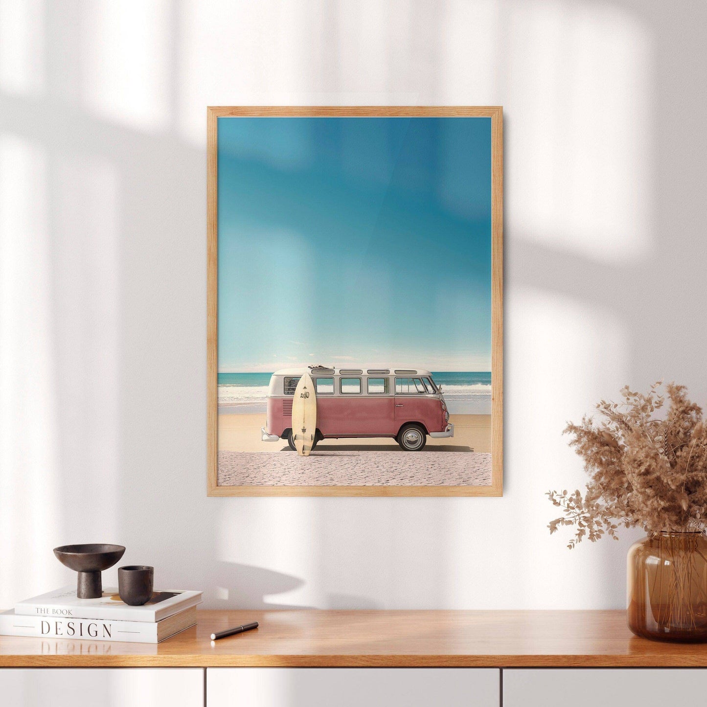 Pink Kombi Van, Surfboard Print, Beach Wall Decor, Retro Poster