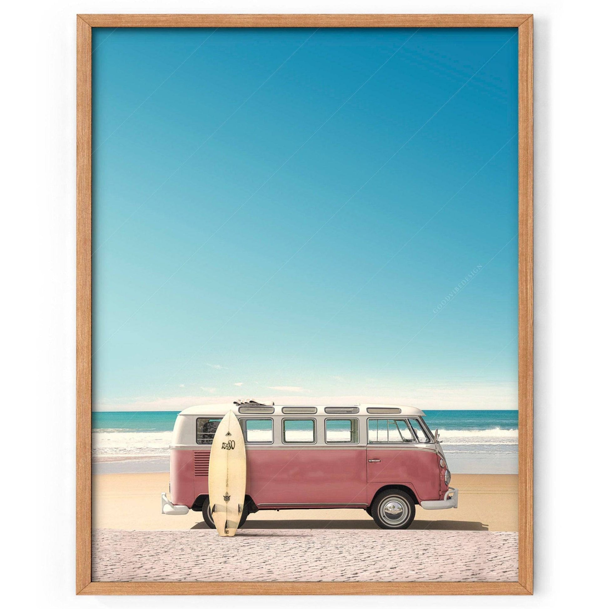 Pink Kombi Van, Surfboard Print, Beach Wall Decor, Retro Poster