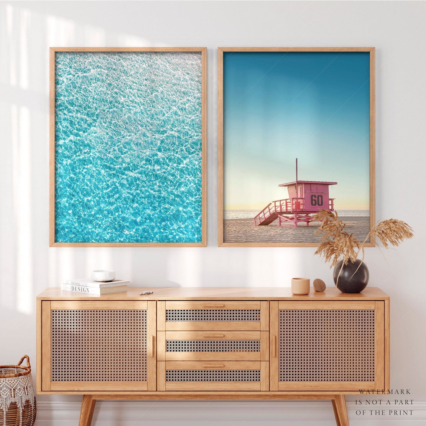 Poster Blue Sea Water, Pink Lifeguard Tower, Set of 2 Prints