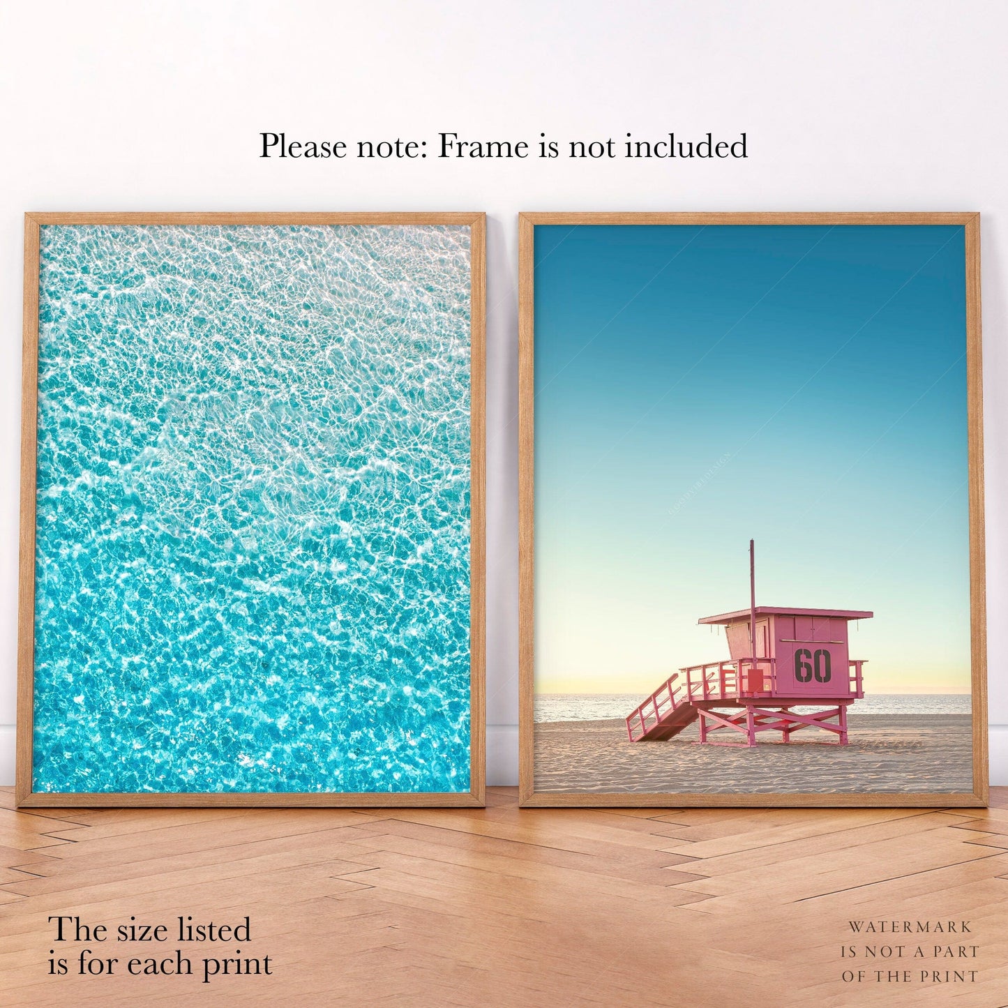 Poster Blue Sea Water, Pink Lifeguard Tower, Set of 2 Prints