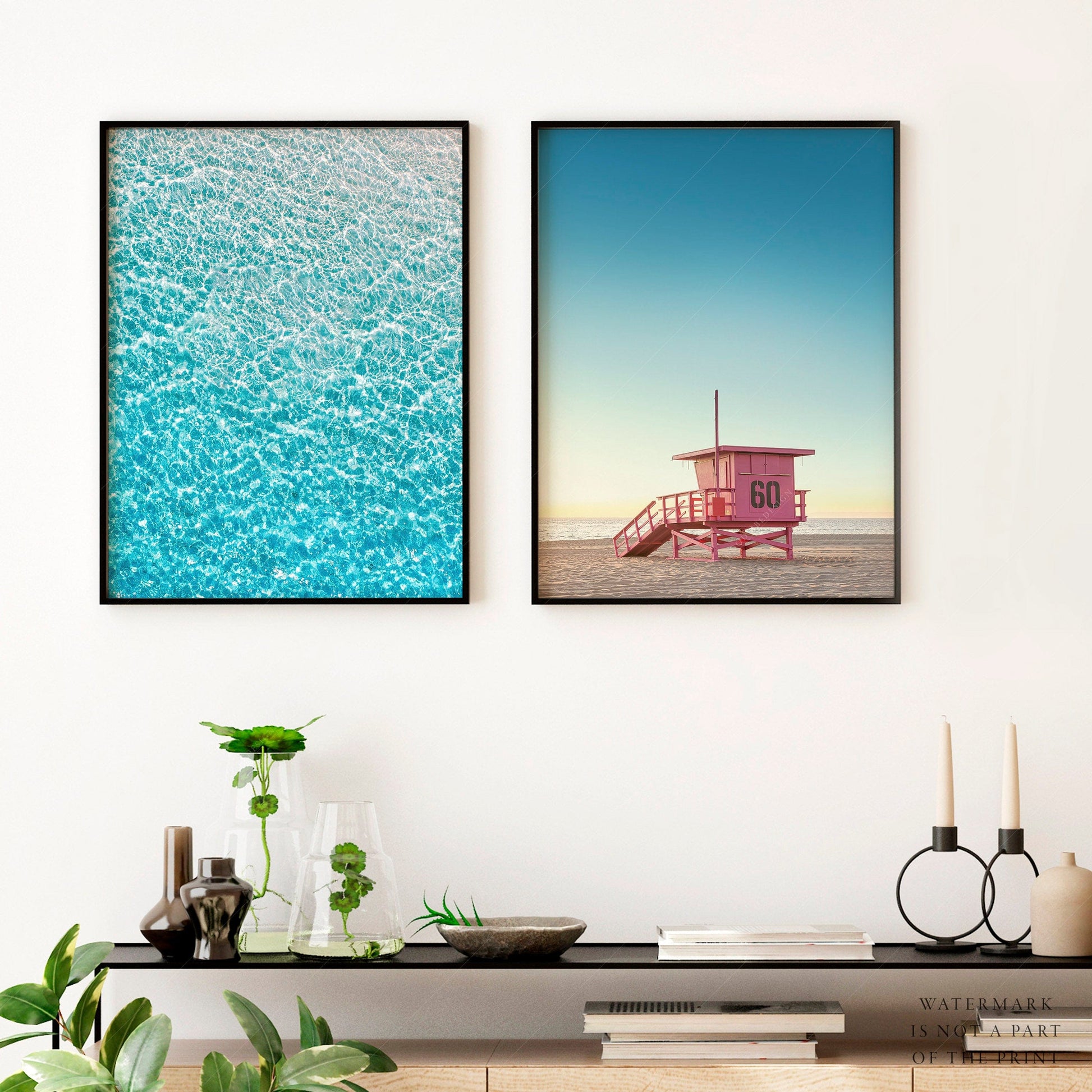 Poster Blue Sea Water, Pink Lifeguard Tower, Set of 2 Prints