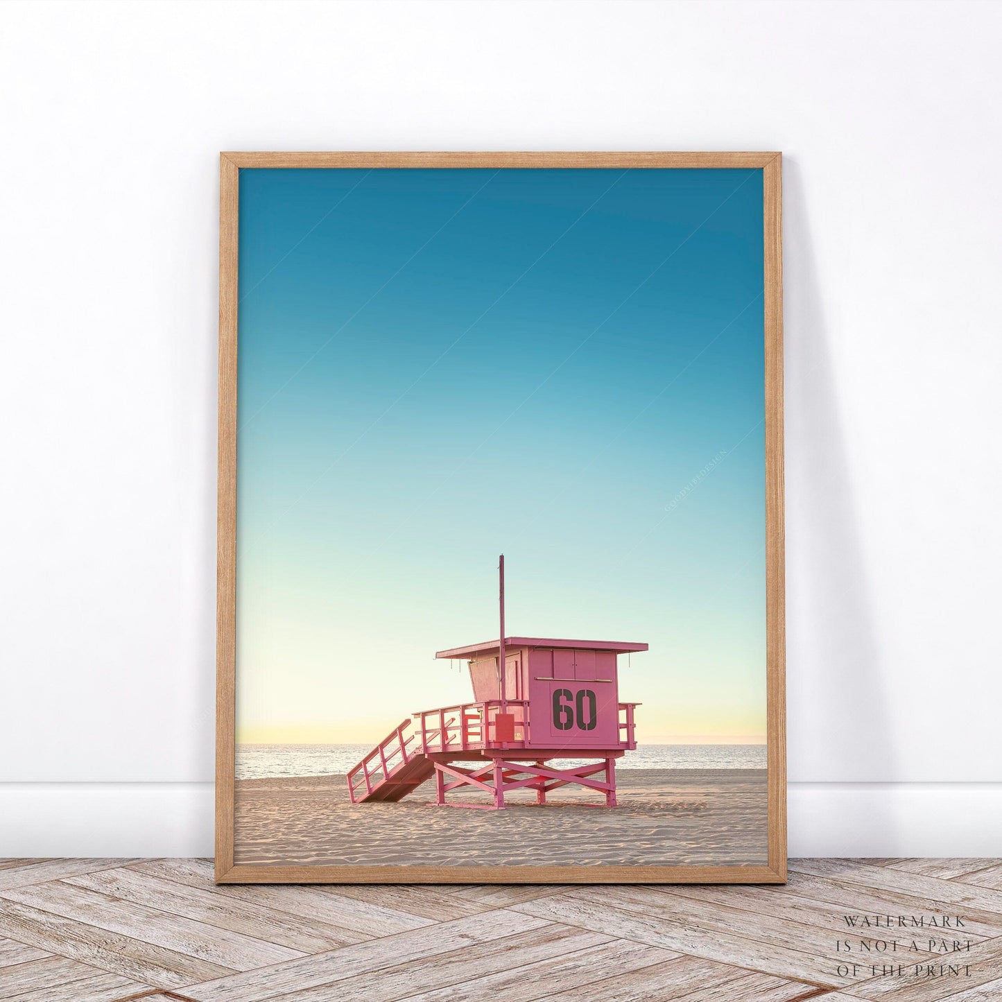 Poster Blue Sea Water, Pink Lifeguard Tower, Set of 2 Prints