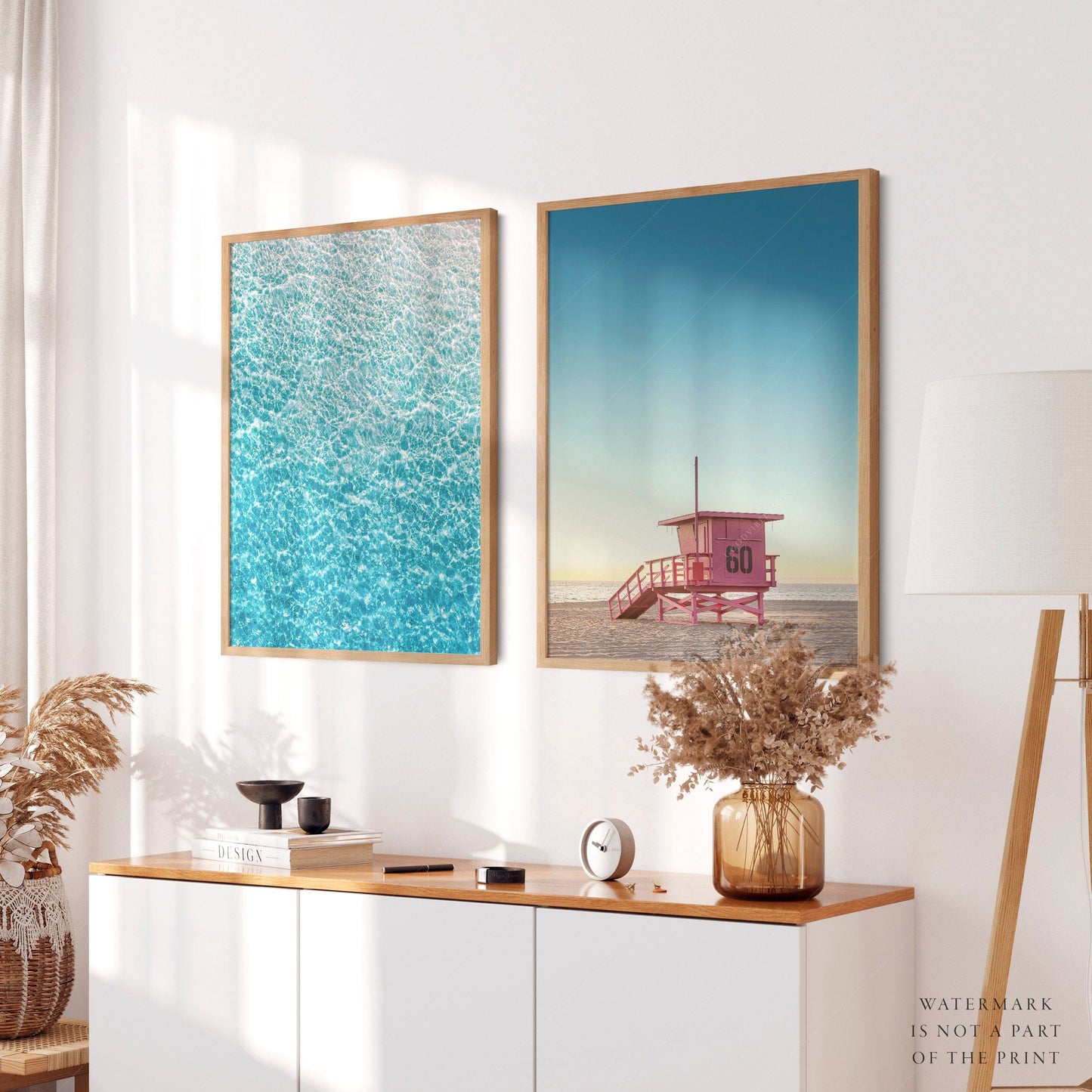 Poster Blue Sea Water, Pink Lifeguard Tower, Set of 2 Prints