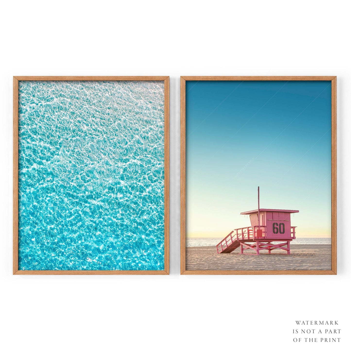 Poster Blue Sea Water, Pink Lifeguard Tower, Set of 2 Prints