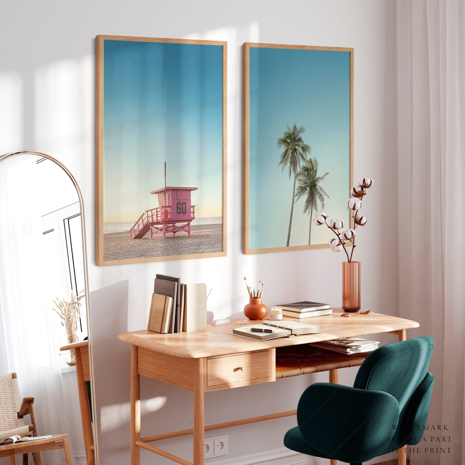 Set of 2 Beach Wall Art, Palm Tree and Lifeguard Tower