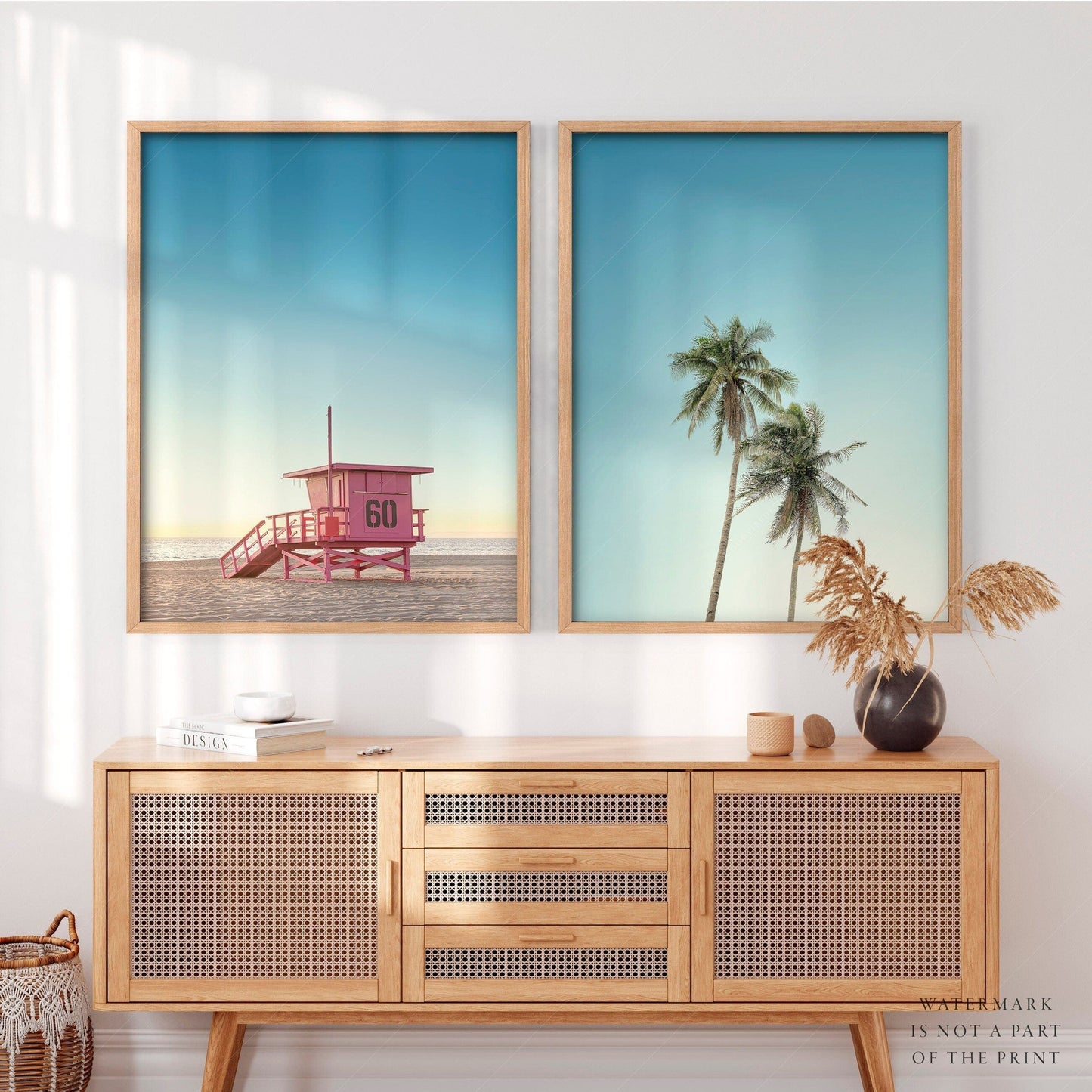 Set of 2 Beach Wall Art, Palm Tree and Lifeguard Tower