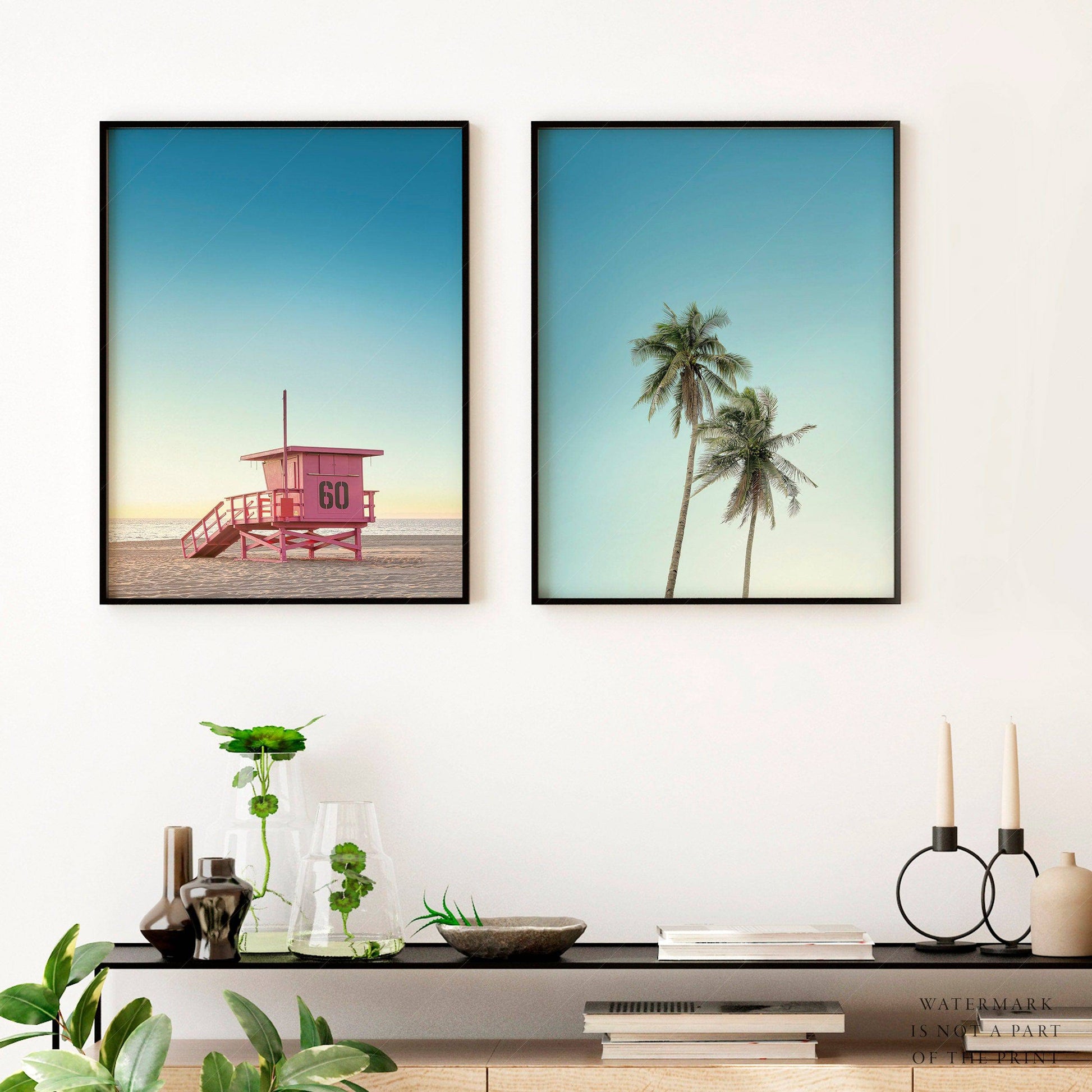 Set of 2 Beach Wall Art, Palm Tree and Lifeguard Tower