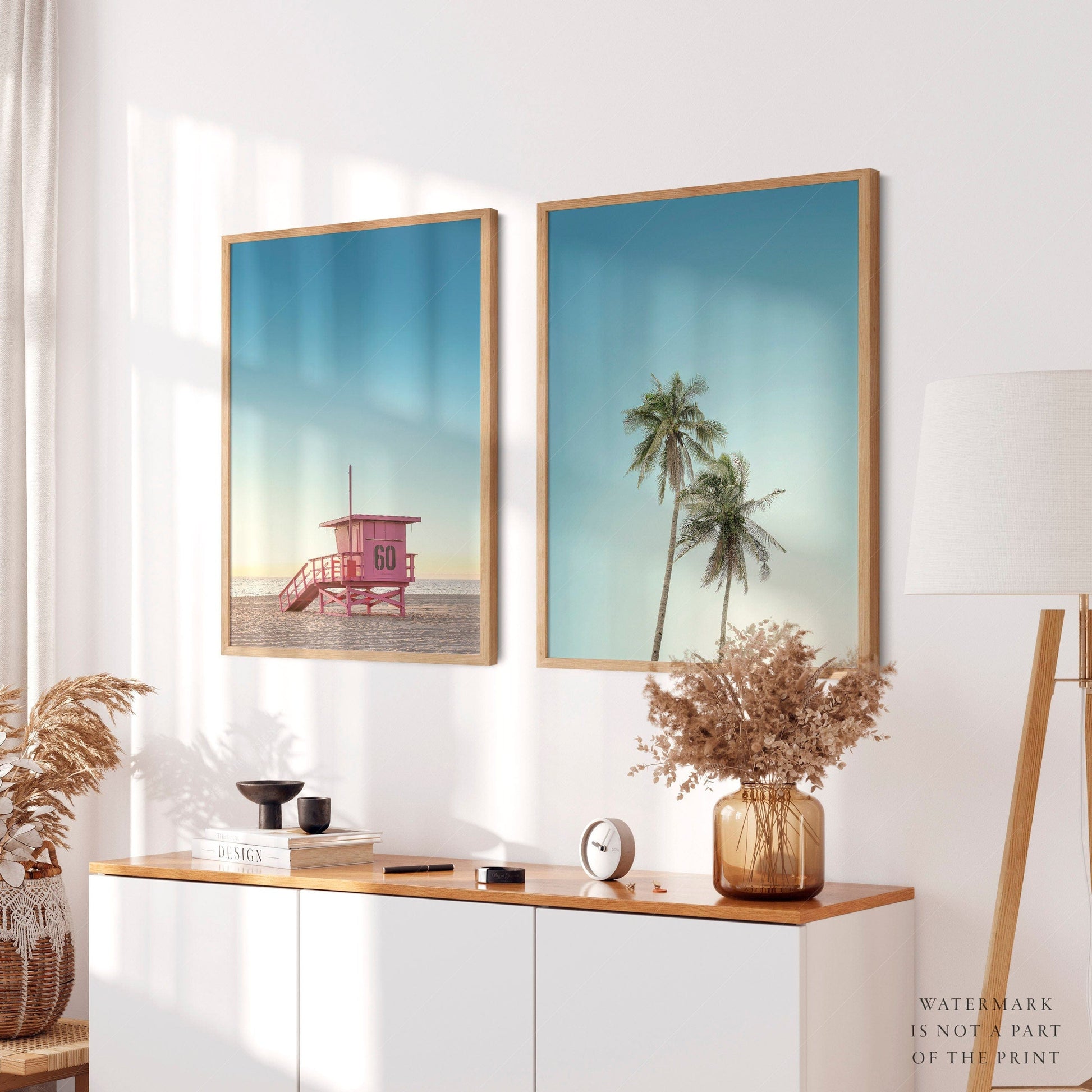 Set of 2 Beach Wall Art, Palm Tree and Lifeguard Tower