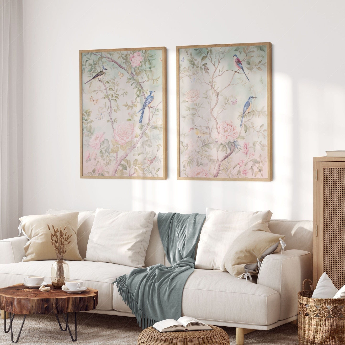 Set of 2 Chinoiserie prints, Delicate floral theme, Vintage bird wall art