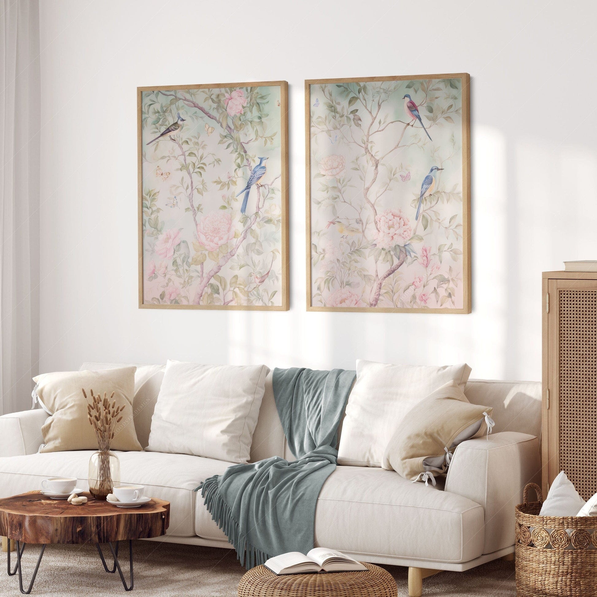 Set of 2 Chinoiserie prints, Delicate floral theme, Vintage bird wall art