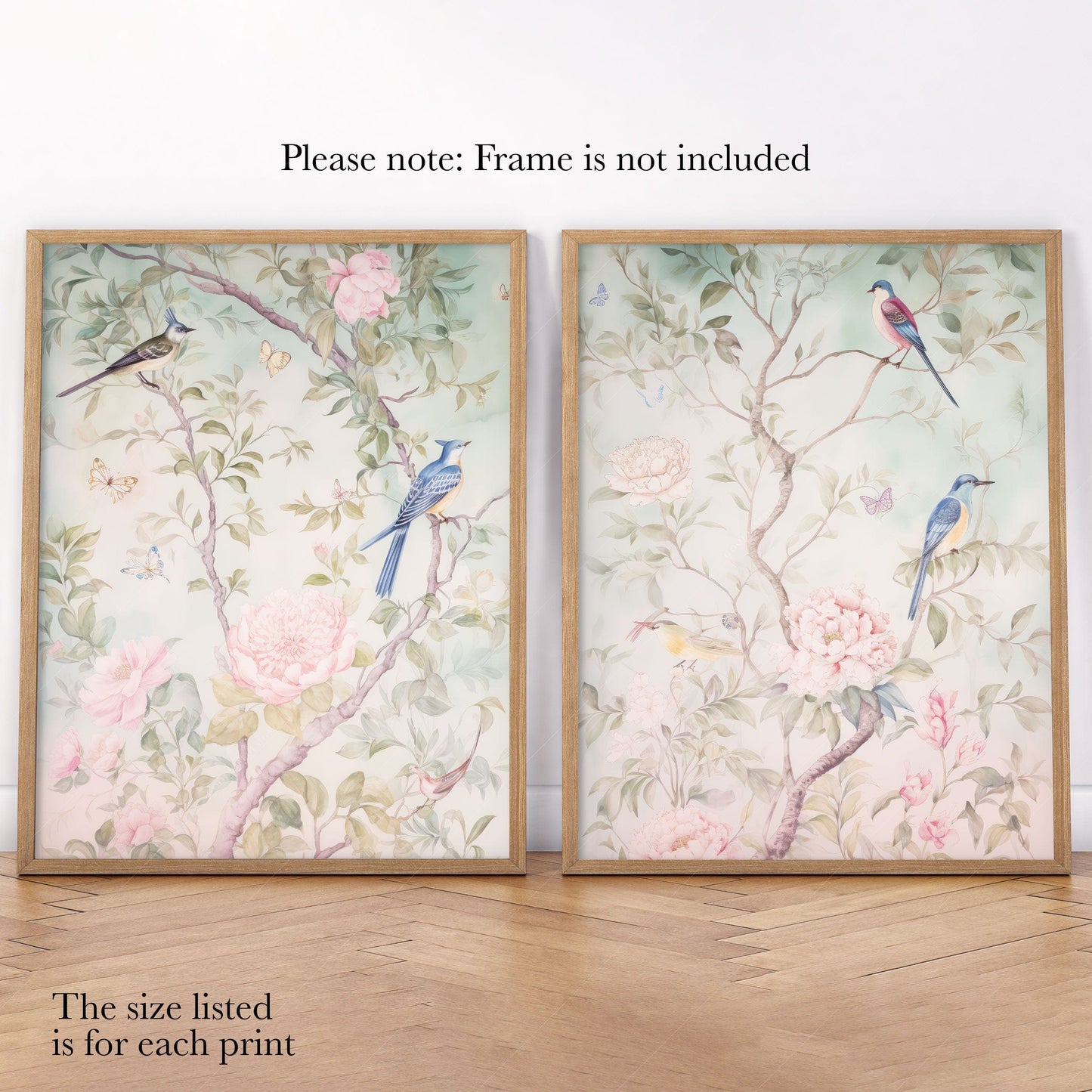 Set of 2 Chinoiserie prints, Delicate floral theme, Vintage bird wall art
