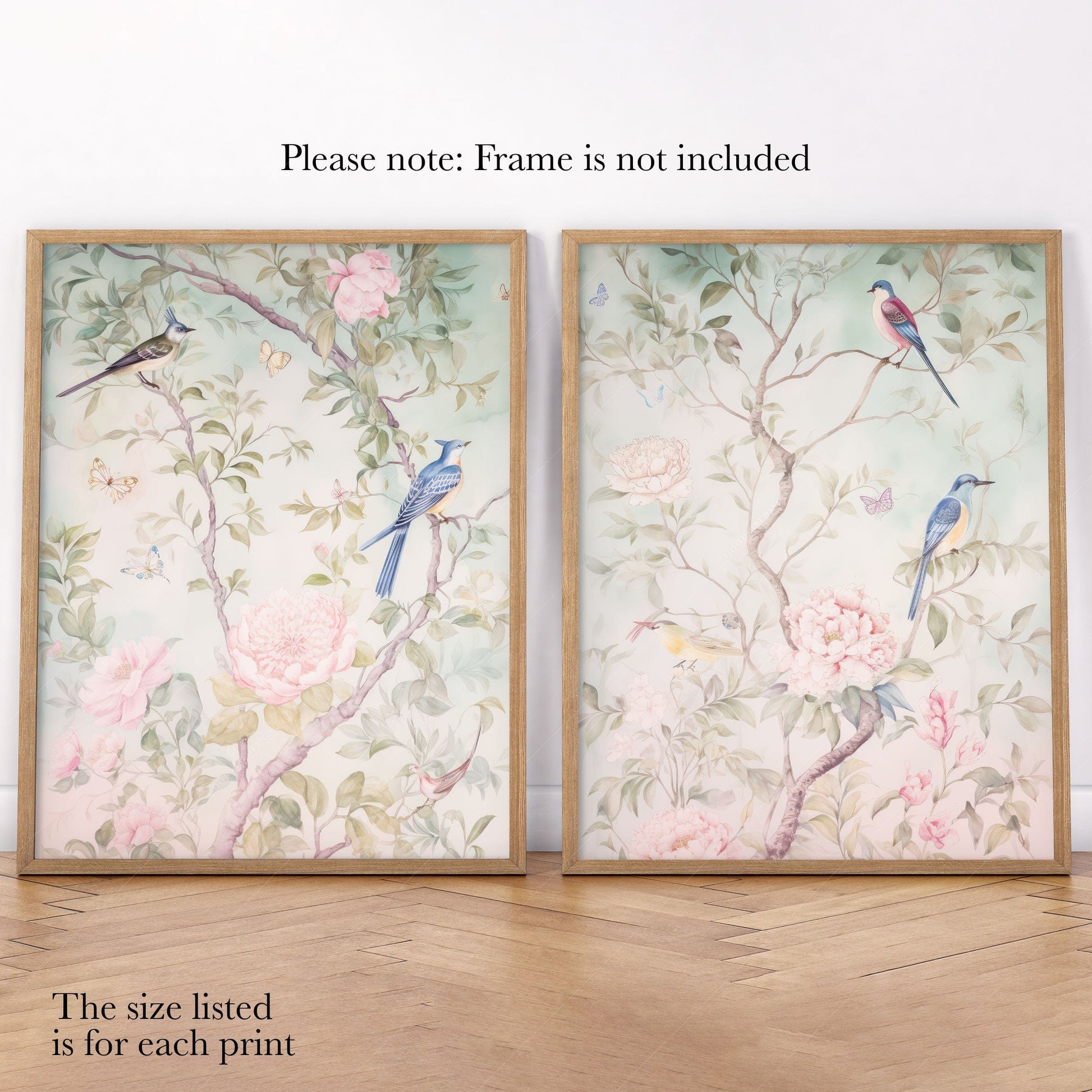 Set of 2 Chinoiserie prints, Delicate floral theme, Vintage bird wall art