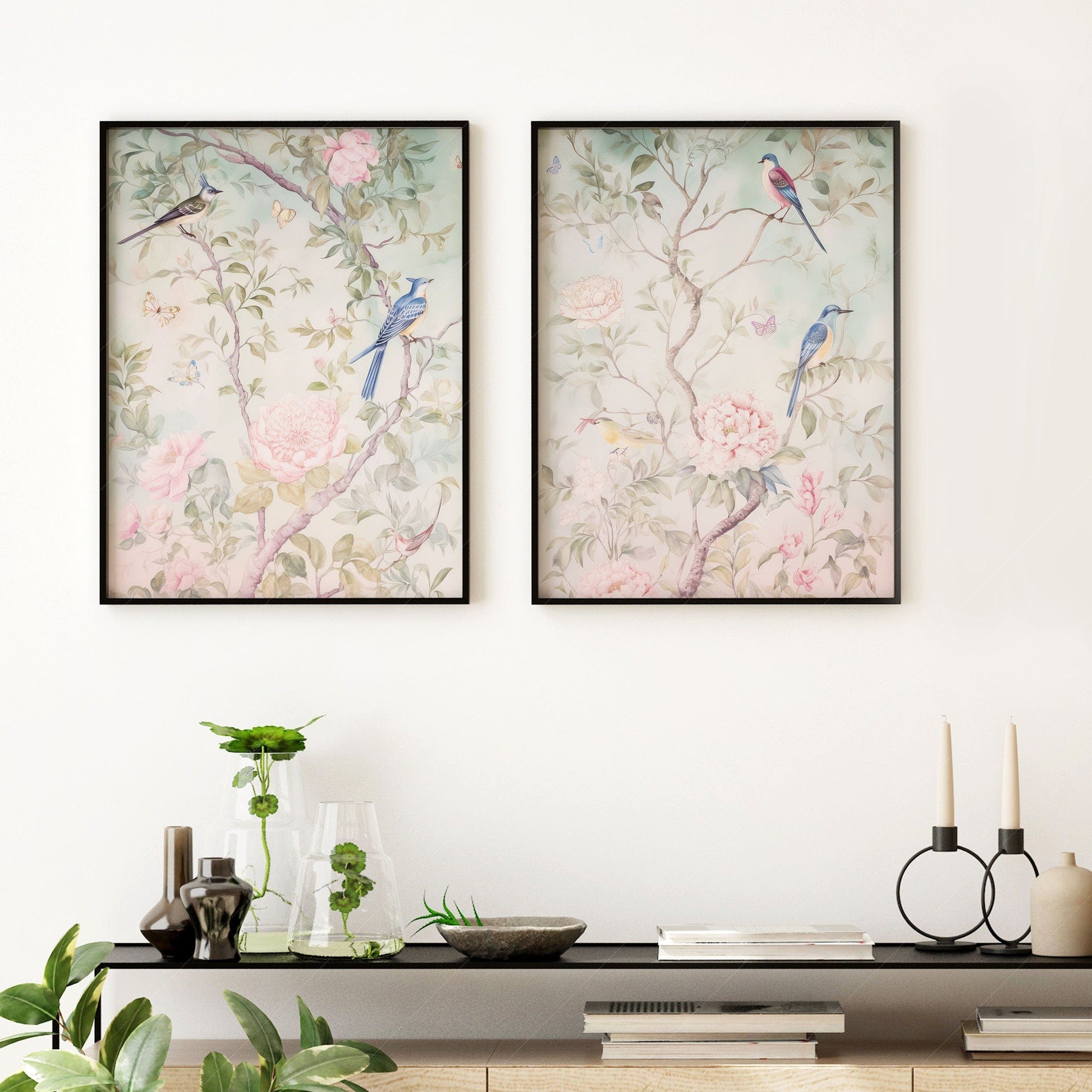 Set of 2 Chinoiserie prints, Delicate floral theme, Vintage bird wall art
