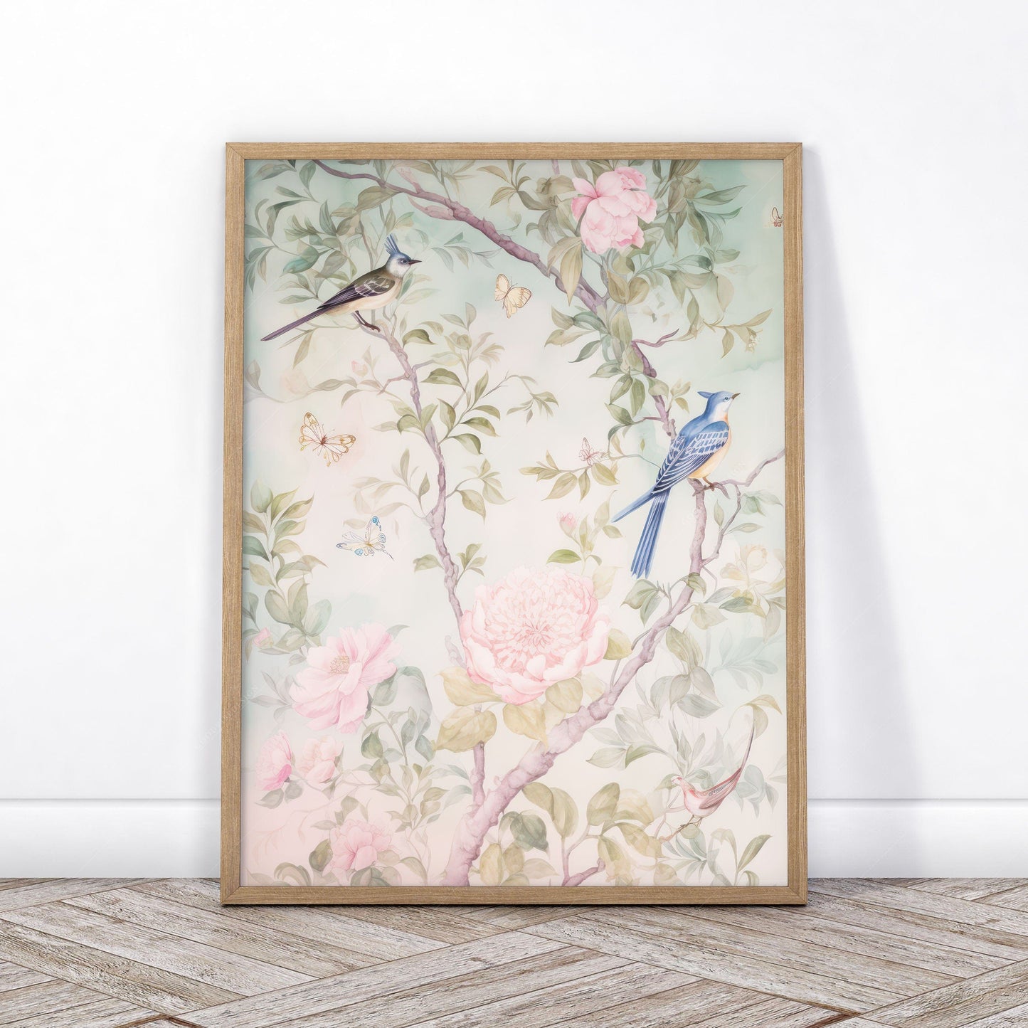 Set of 2 Chinoiserie prints, Delicate floral theme, Vintage bird wall art