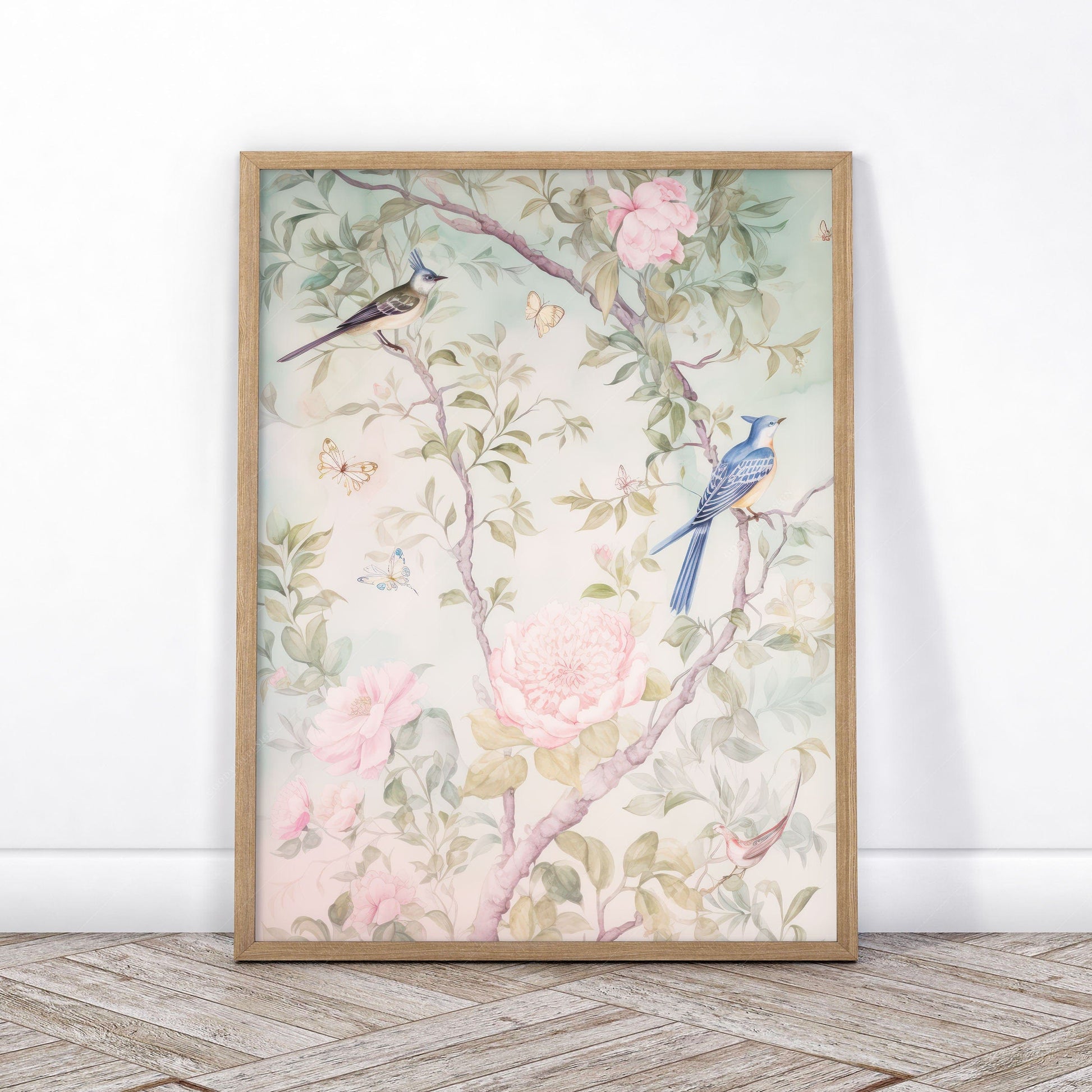 Set of 2 Chinoiserie prints, Delicate floral theme, Vintage bird wall art