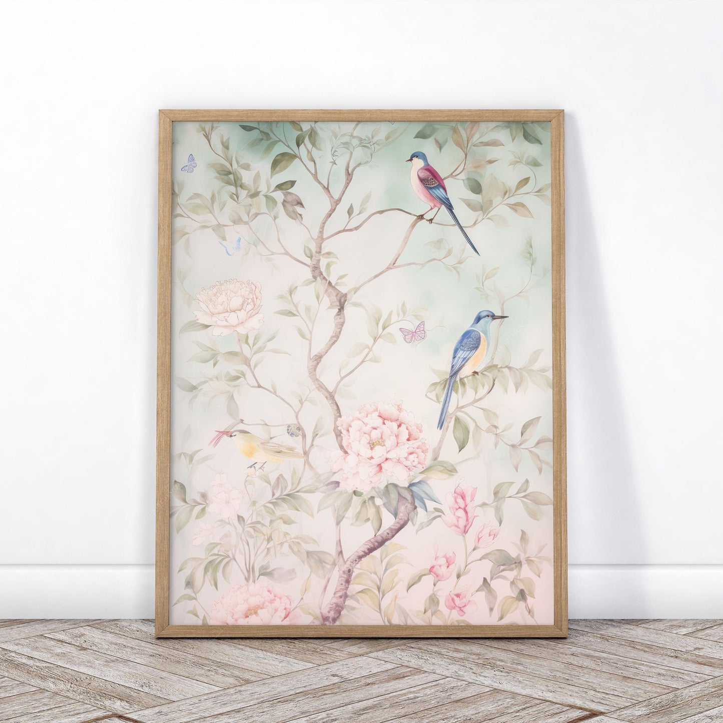 Set of 2 Chinoiserie prints, Delicate floral theme, Vintage bird wall art