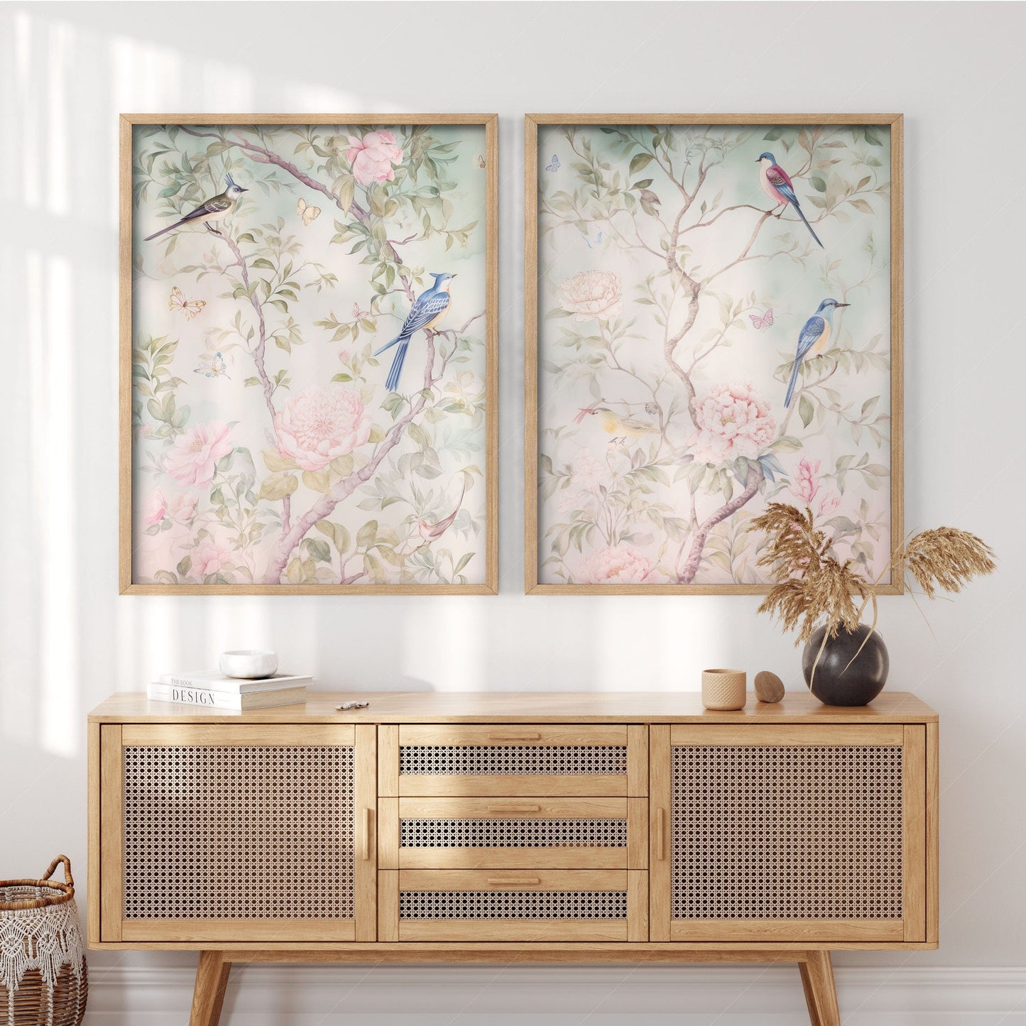 Set of 2 Chinoiserie prints, Delicate floral theme, Vintage bird wall art