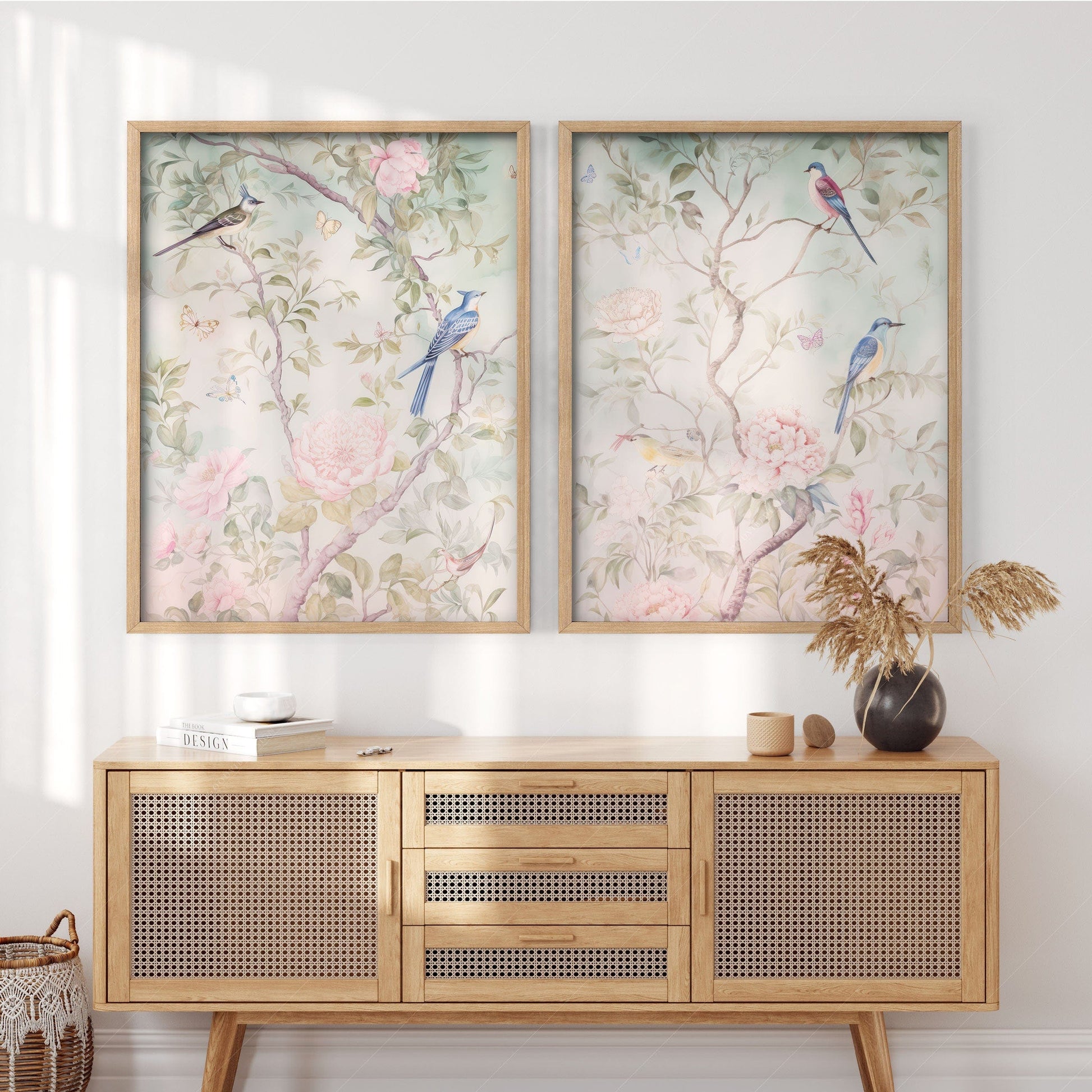 Set of 2 Chinoiserie prints, Delicate floral theme, Vintage bird wall art