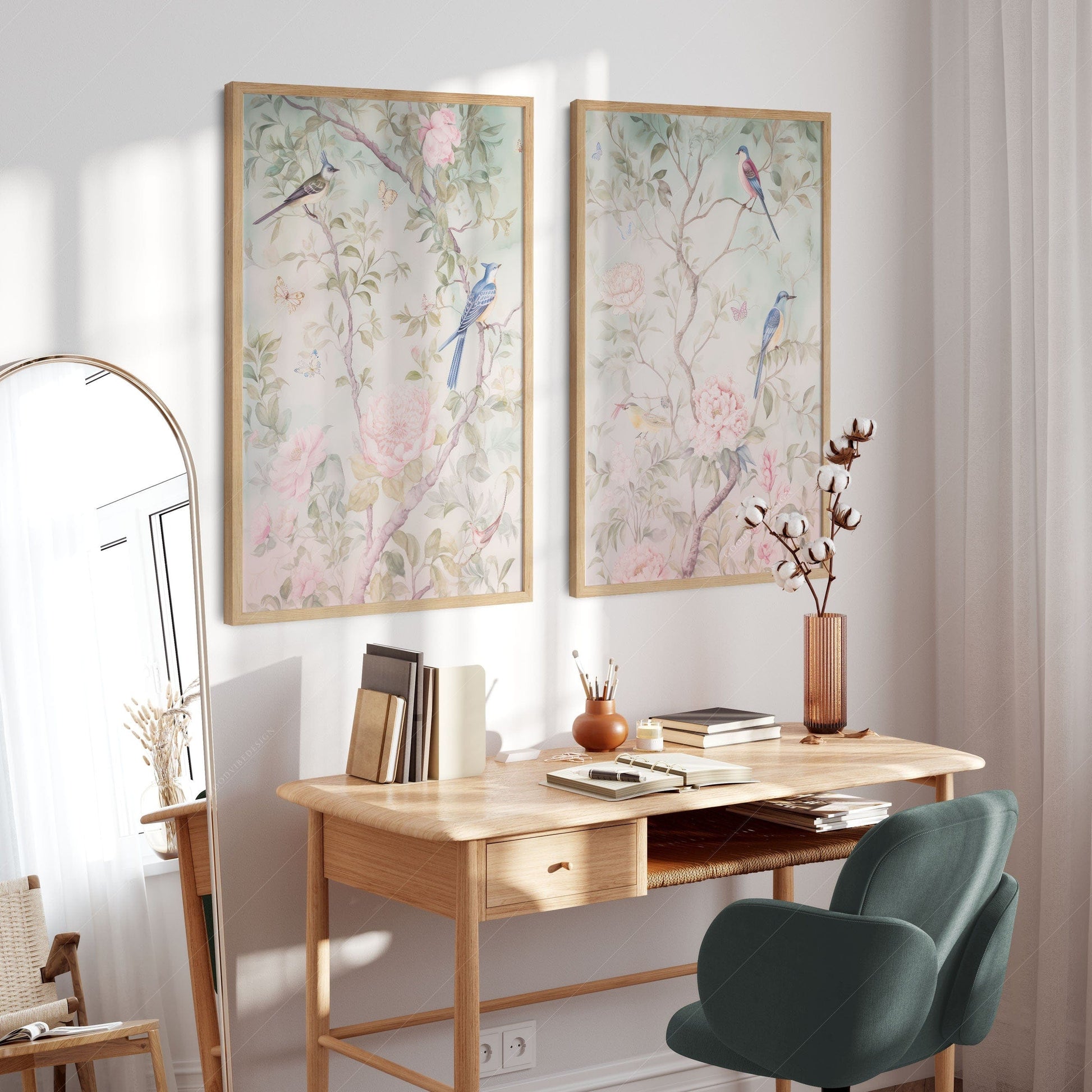 Set of 2 Chinoiserie prints, Delicate floral theme, Vintage bird wall art