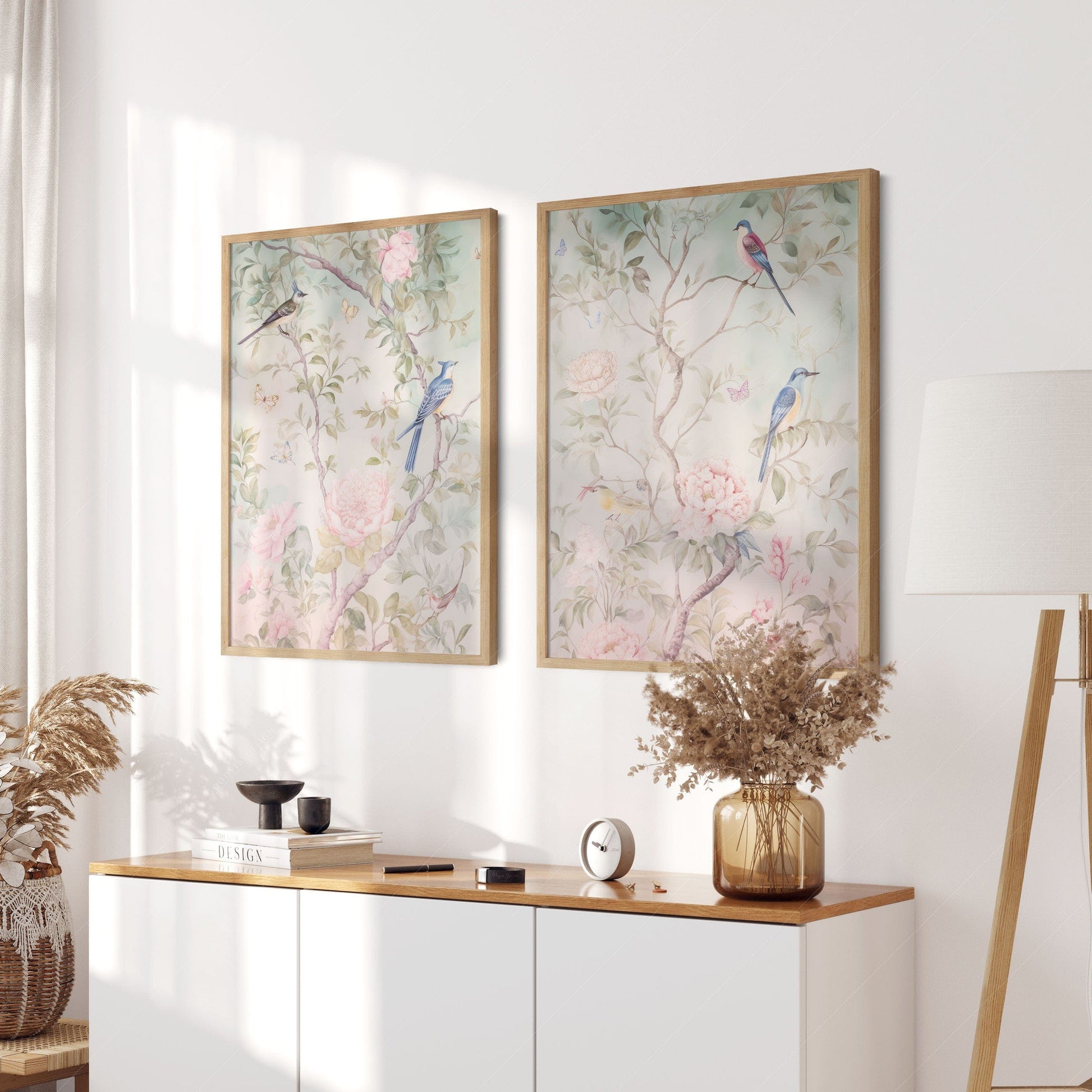 Set of 2 Chinoiserie prints, Delicate floral theme, Vintage bird wall art