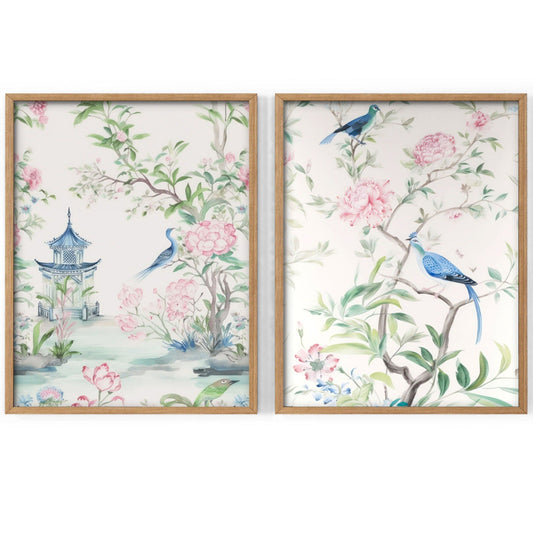 Set of 2 Chinoiserie prints, Delicate floral theme, Vintage bird wall art