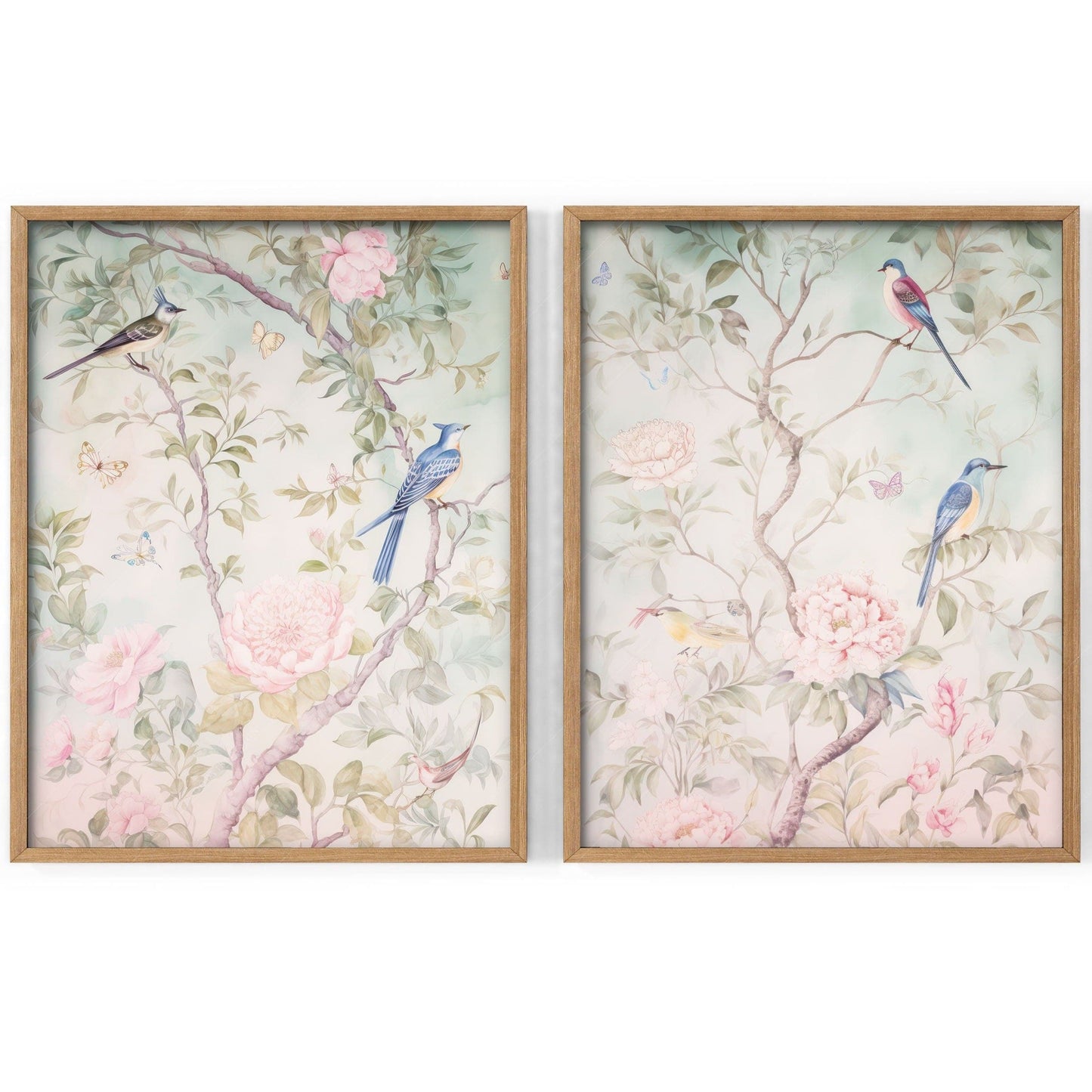 Set of 2 Chinoiserie prints, Delicate floral theme, Vintage bird wall art
