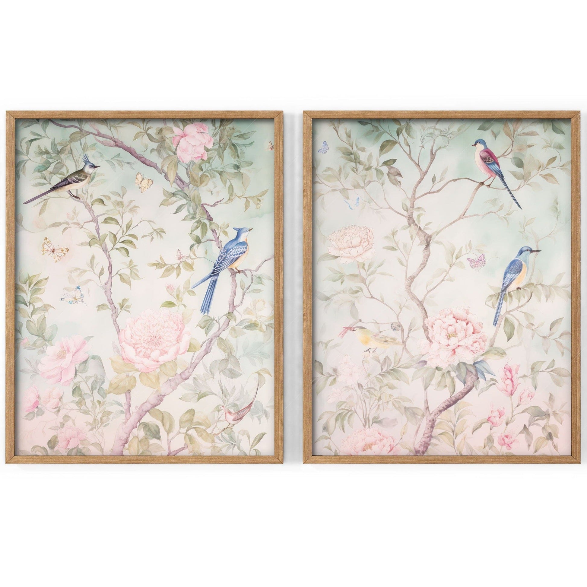 Set of 2 Chinoiserie prints, Delicate floral theme, Vintage bird wall art