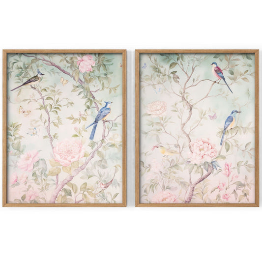Set of 2 Chinoiserie prints, Delicate floral theme, Vintage bird wall art