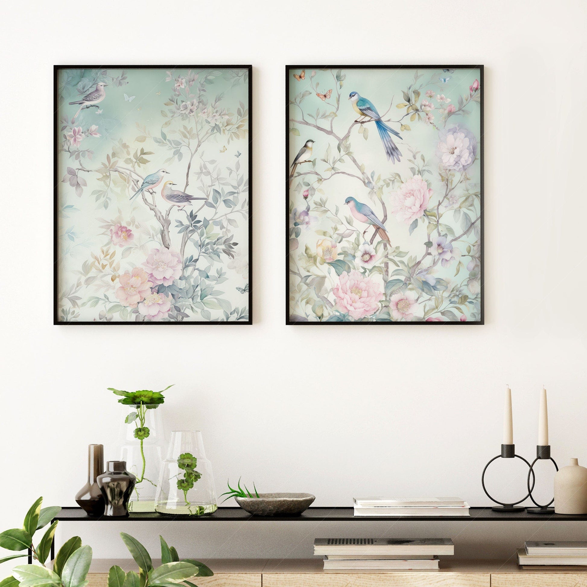 Set of 2 Chinoiserie prints, Light green background