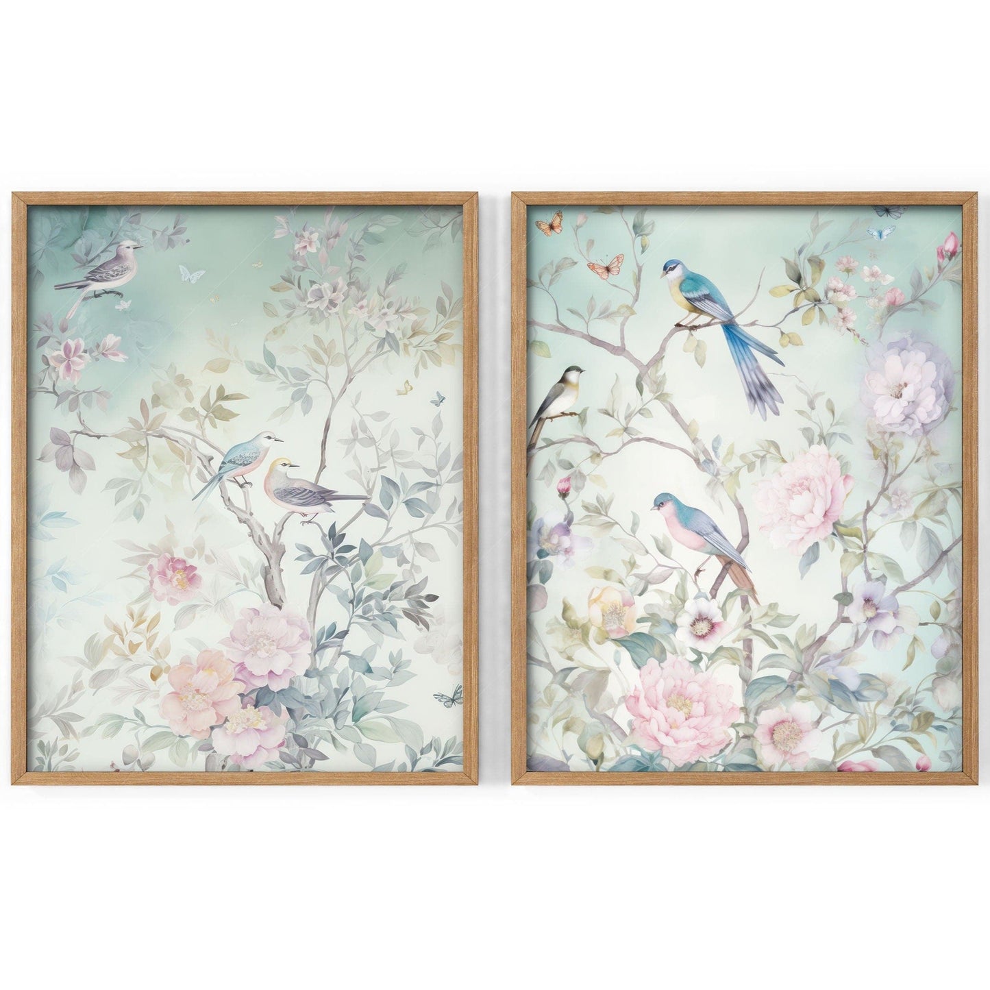 Set of 2 Chinoiserie prints, Light green background