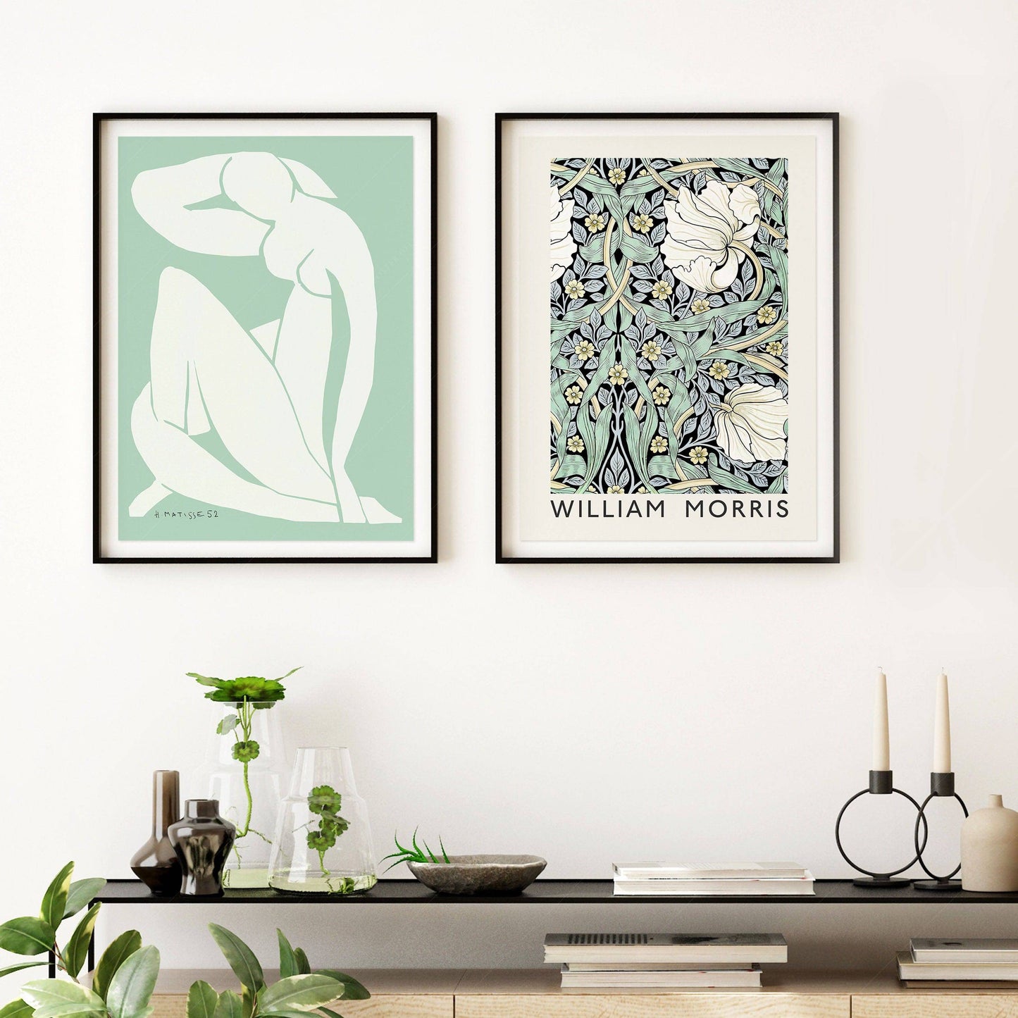 Set of 2 Prints, Henri Matisse and William Morris, Light green color