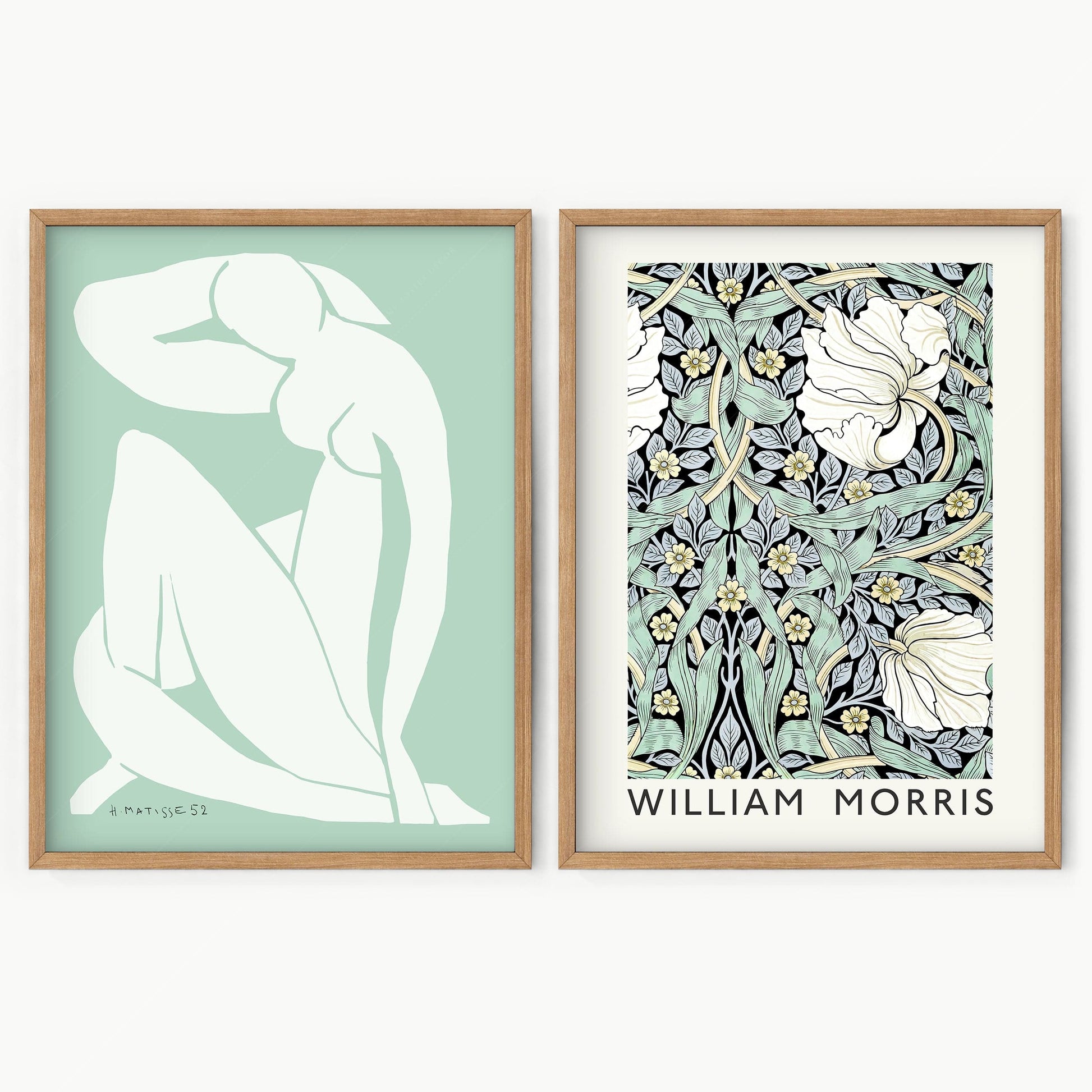 Set of 2 Prints, Henri Matisse and William Morris, Light green color