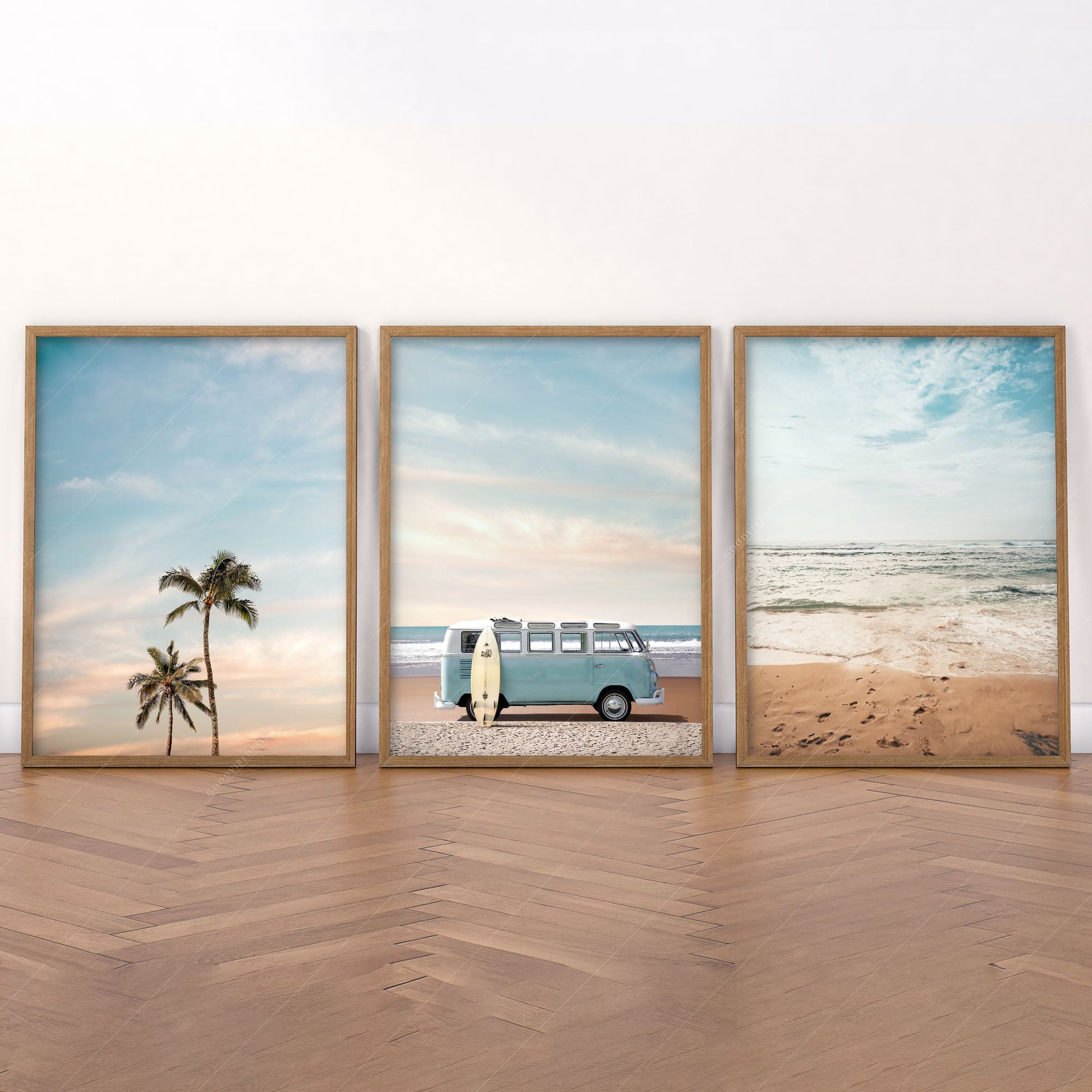 Set of 3 Beach Prints, Turquoise Van Print, Palm Tree and Sand Photo