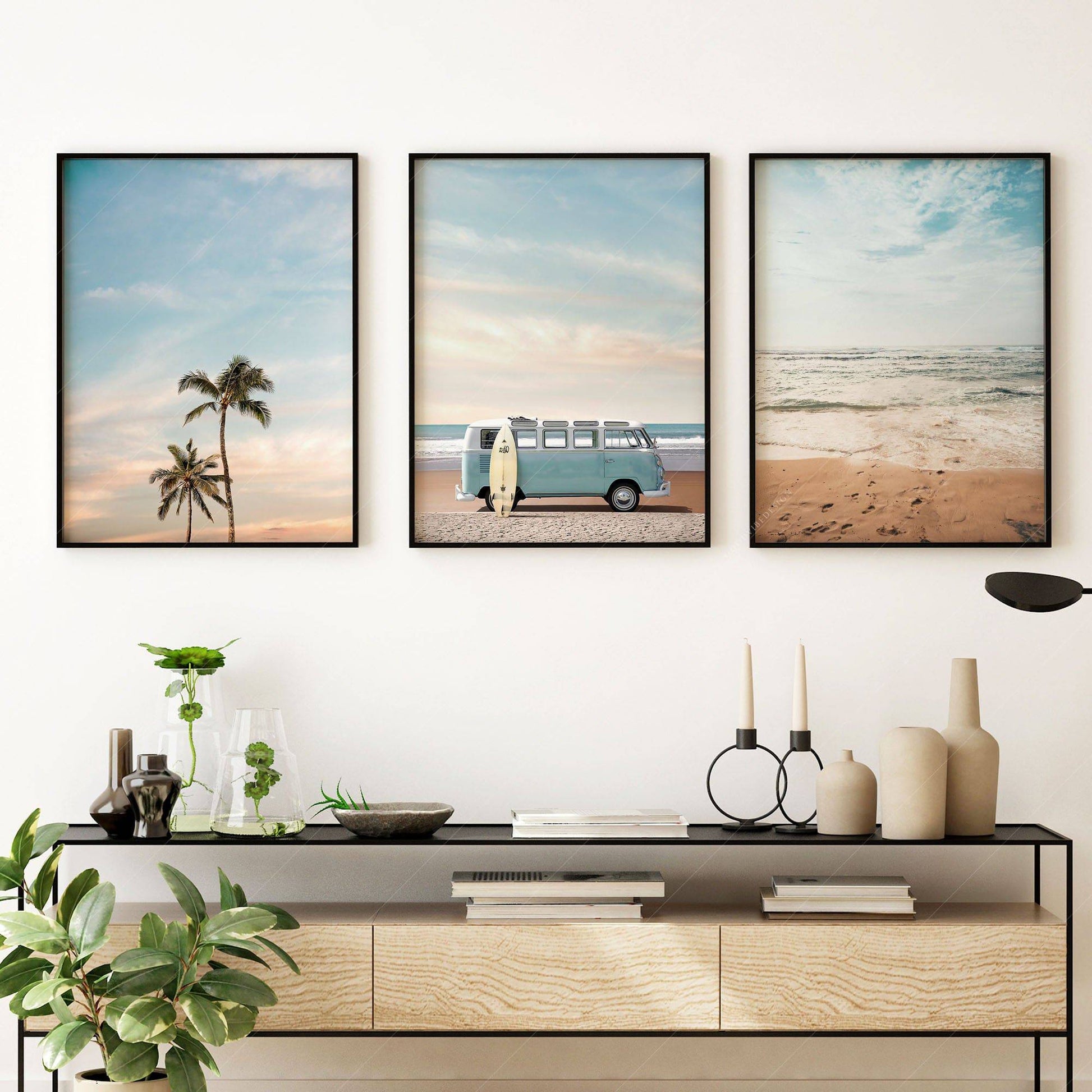 Set of 3 Beach Prints, Turquoise Van Print, Palm Tree and Sand Photo