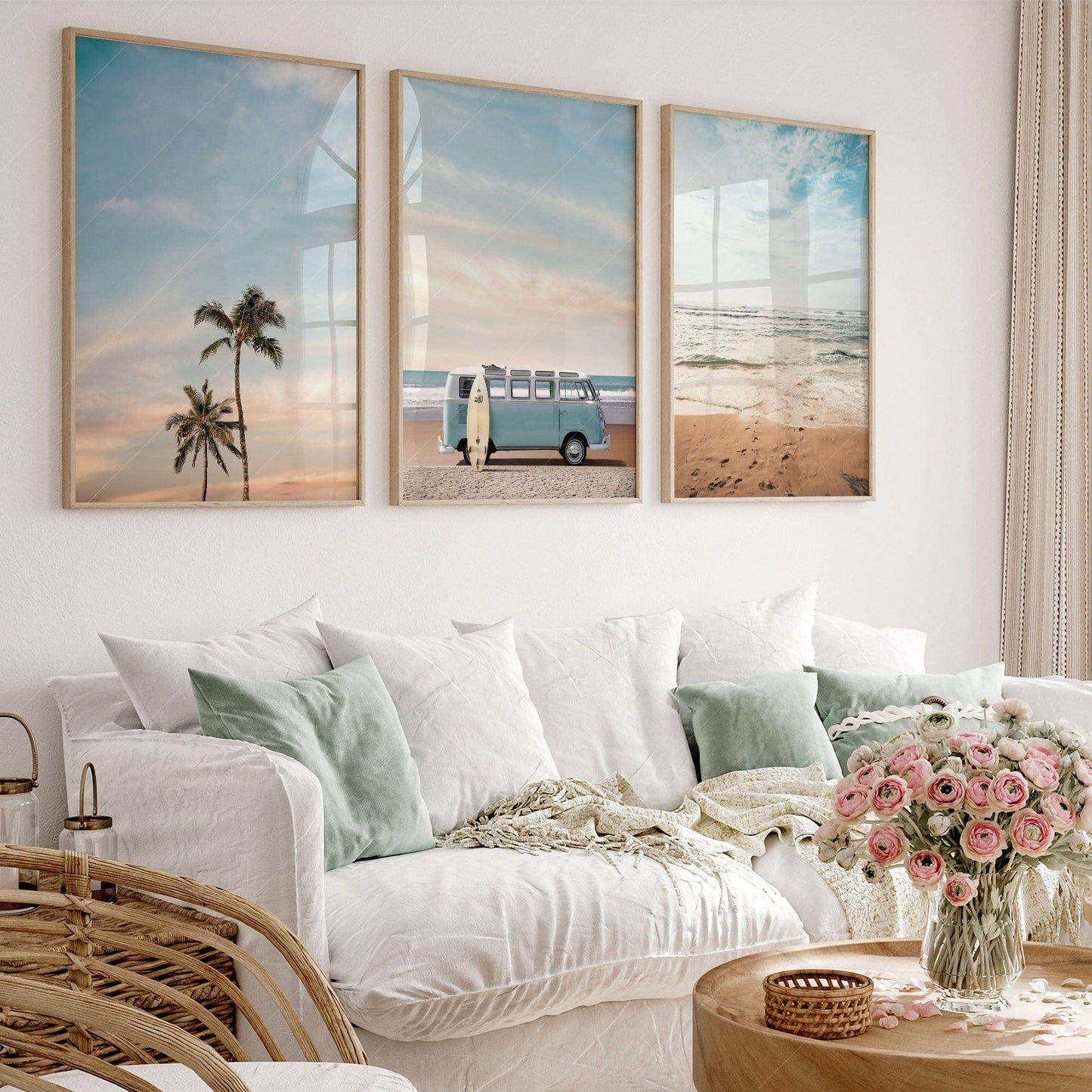 Set of 3 Beach Prints, Turquoise Van Print, Palm Tree and Sand Photo