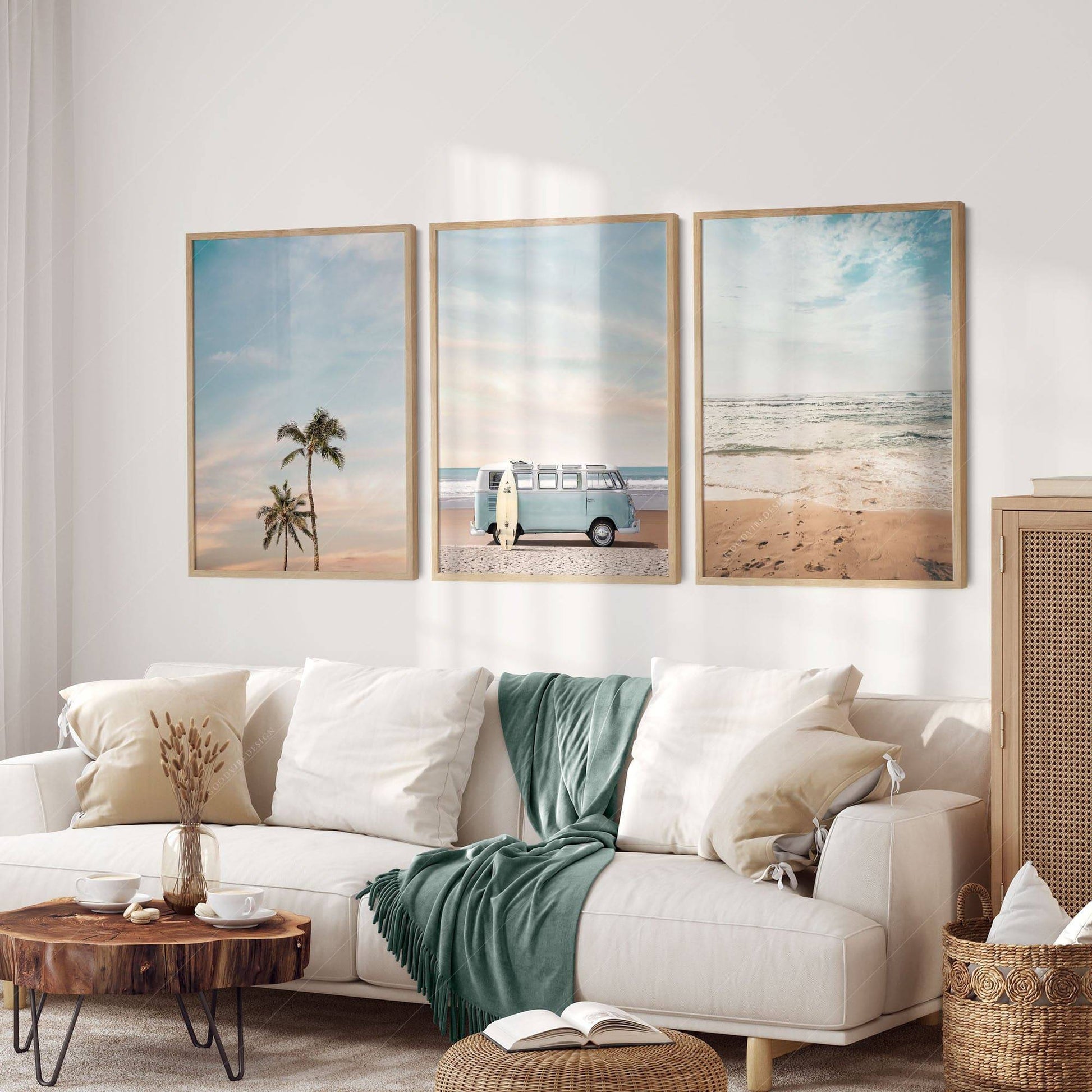 Set of 3 Beach Prints, Turquoise Van Print, Palm Tree and Sand Photo