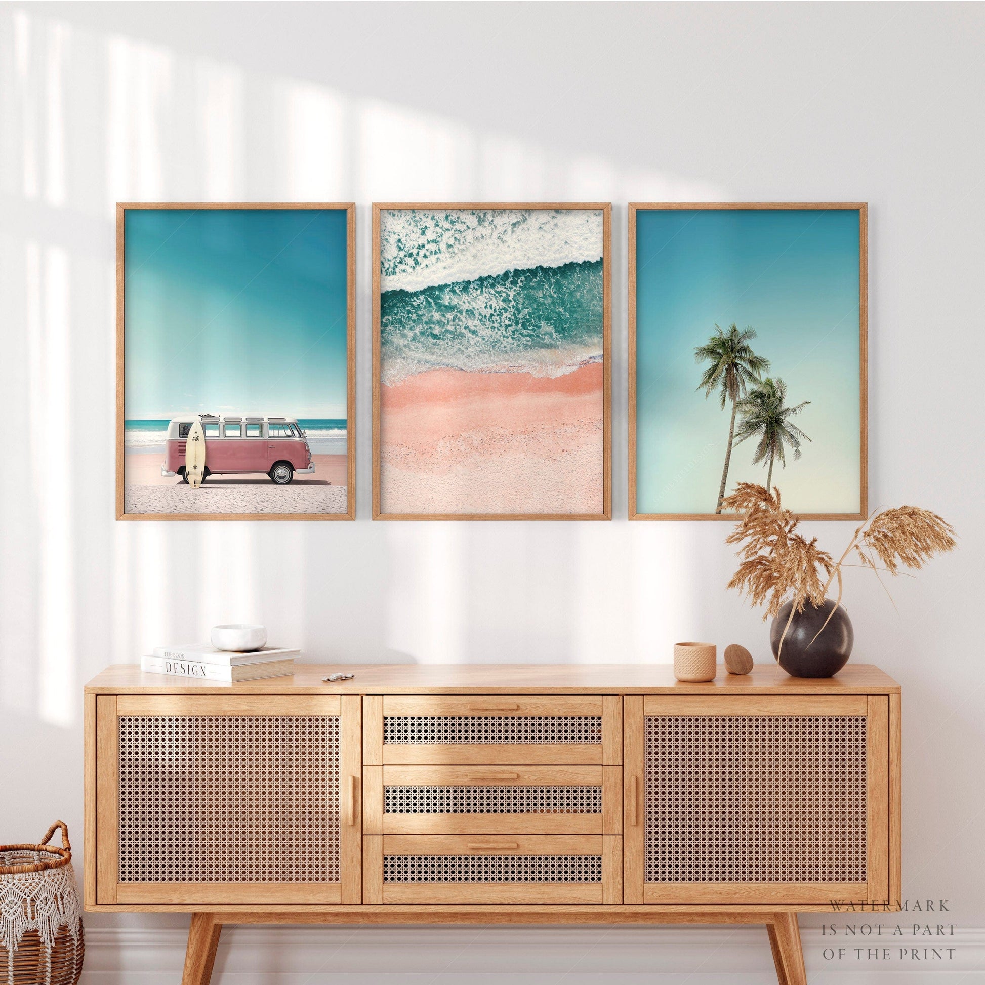 Set of 3 Prints, Beach wall art, Van Kombi photo, Turquoise Sea water, Tropical Palm Tree