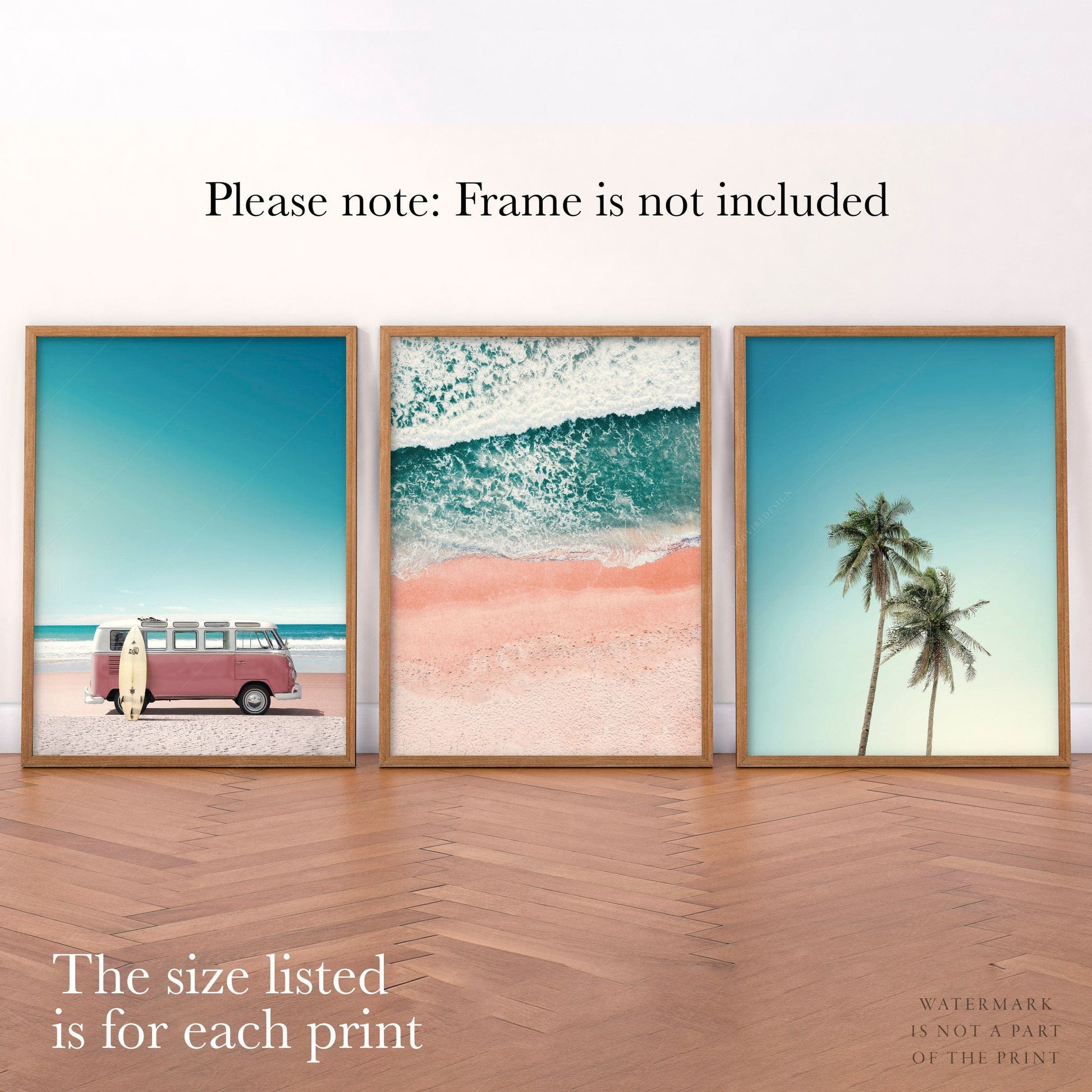 Set of 3 Prints, Beach wall art, Van Kombi photo, Turquoise Sea water, Tropical Palm Tree