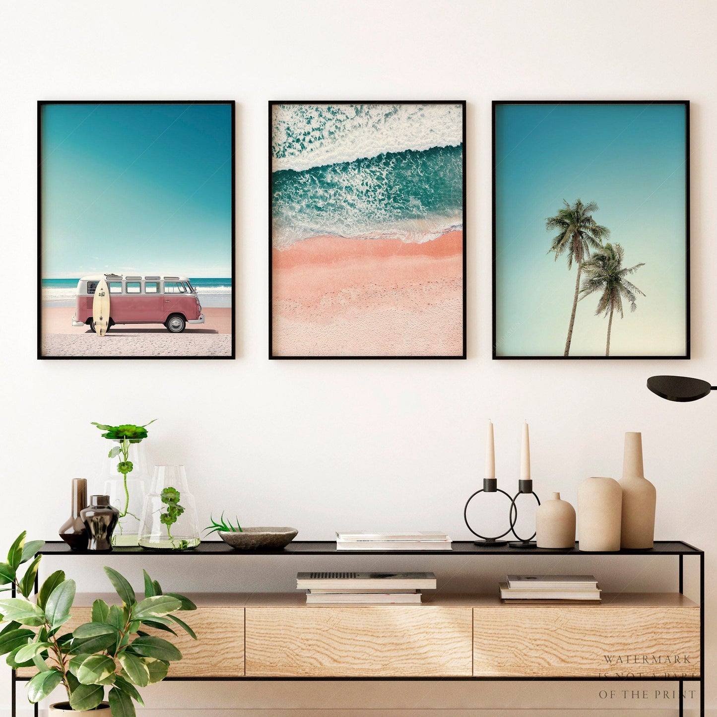 Set of 3 Prints, Beach wall art, Van Kombi photo, Turquoise Sea water, Tropical Palm Tree